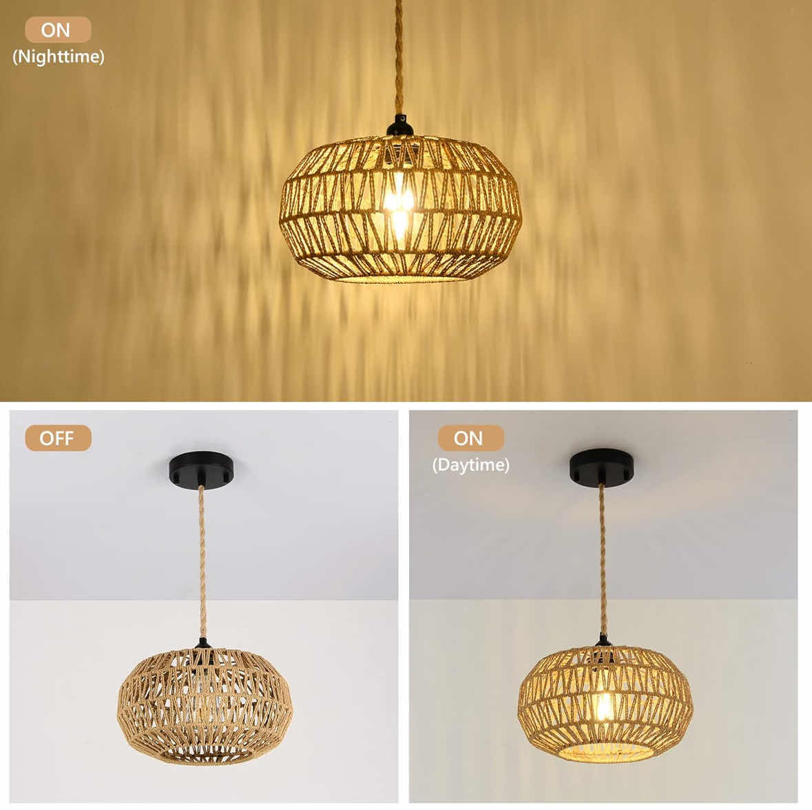 Photo 1 of NEW STEPEAK RUSTIC WICKER HAND WOVEN ROPE CAGE BASKET RATTAN PENDANT LIGHT, BOHO CHANDELIER LIGHT FIXTURE