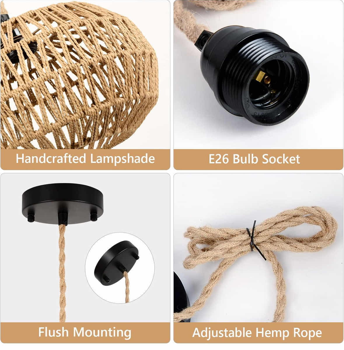 Photo 4 of NEW STEPEAK RUSTIC WICKER HAND WOVEN ROPE CAGE BASKET RATTAN PENDANT LIGHT, BOHO CHANDELIER LIGHT FIXTURE