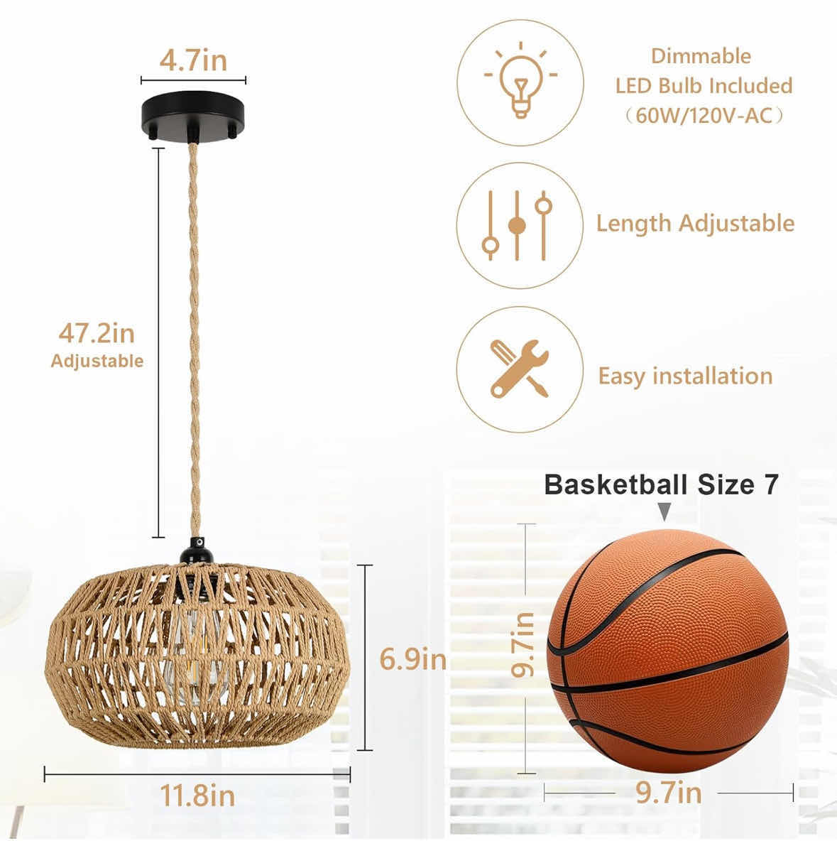 Photo 6 of NEW STEPEAK RUSTIC WICKER HAND WOVEN ROPE CAGE BASKET RATTAN PENDANT LIGHT, BOHO CHANDELIER LIGHT FIXTURE