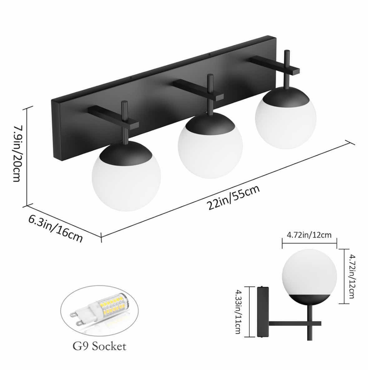 Photo 1 of NEW RALBAY 3-LIGHT MID CENTURY MODERN 22” VANITY LIGHT FIXTURE W MILKY GLASS GLOBE SHADES, BLACK