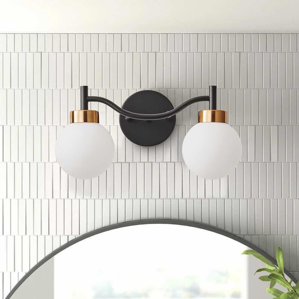 Photo 1 of NEW BED BATH & BEYOND MODERN 2-LIGHT VANITY LIGHTING FIXTURE, BLACK FINISH/OIL RUBBED BRONZE W WHITE GLOBE GLASS SHADES