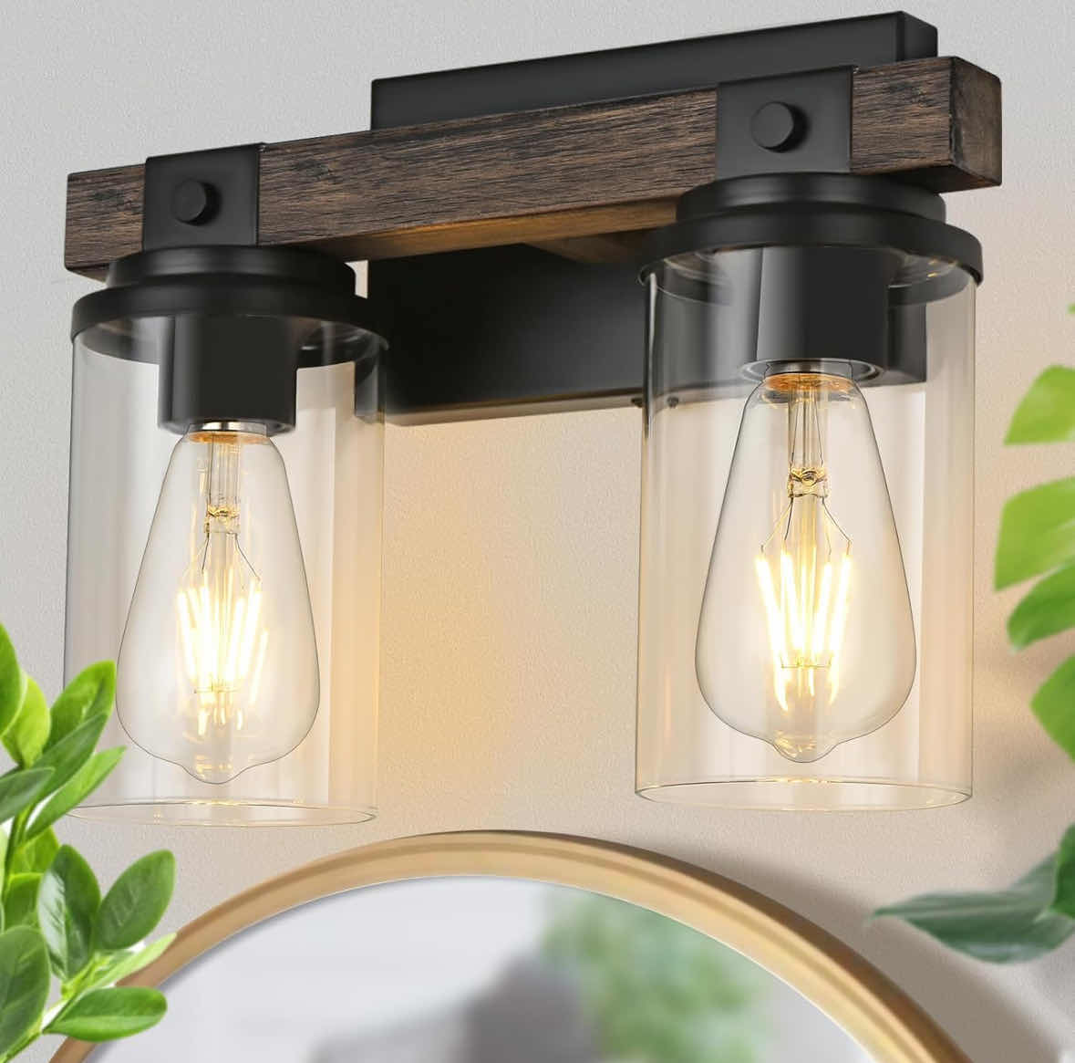 Photo 1 of NEW GOYEEL FARMHOUSE 2-LIGHT VANITY LIGHT FIXTURE W CLEAR GLASS SHADES, BLACK/WOOD FINISH