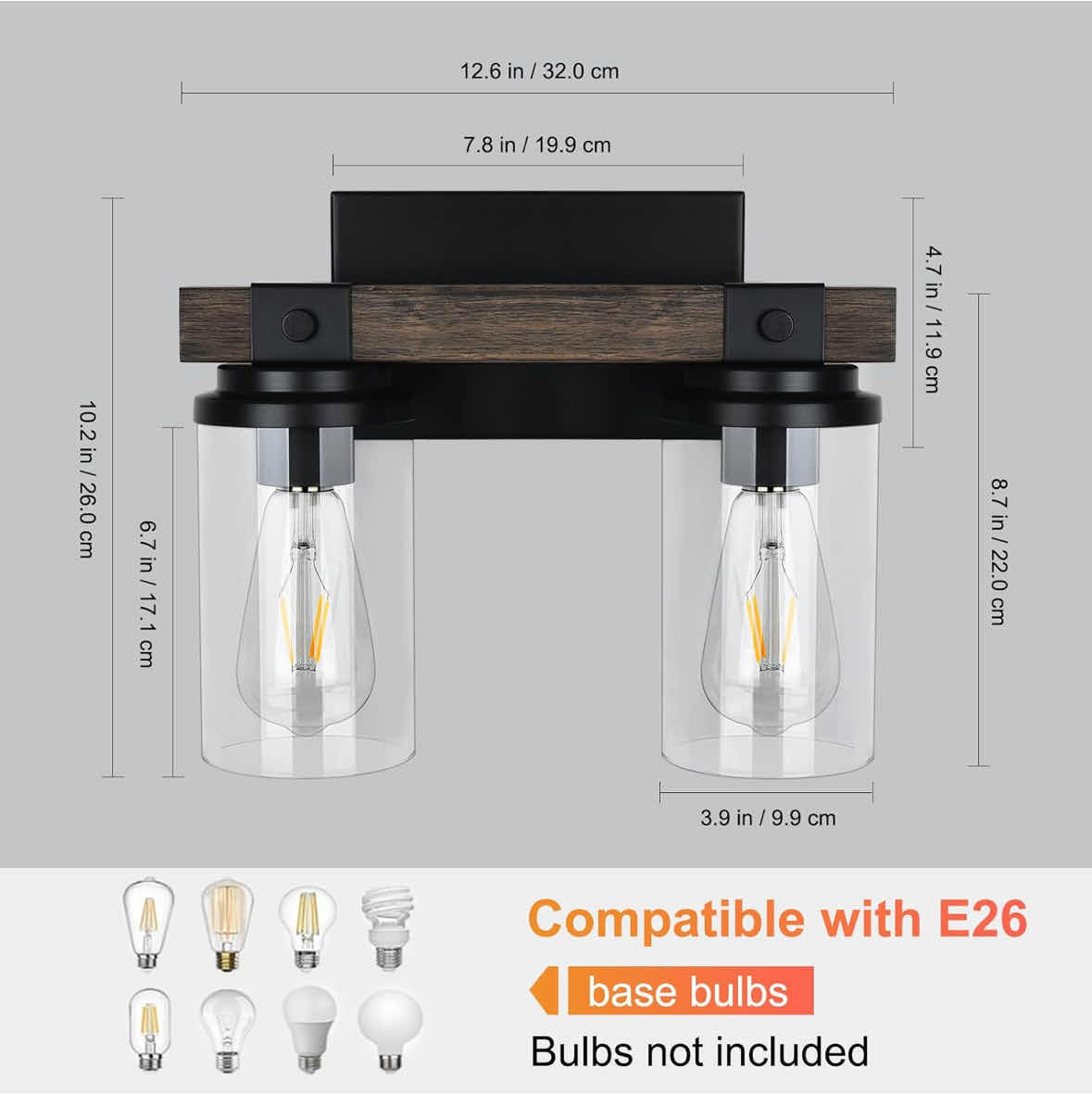 Photo 1 of NEW GOYEEL FARMHOUSE 2-LIGHT VANITY LIGHT FIXTURE W CLEAR GLASS SHADES, BLACK/WOOD FINISH