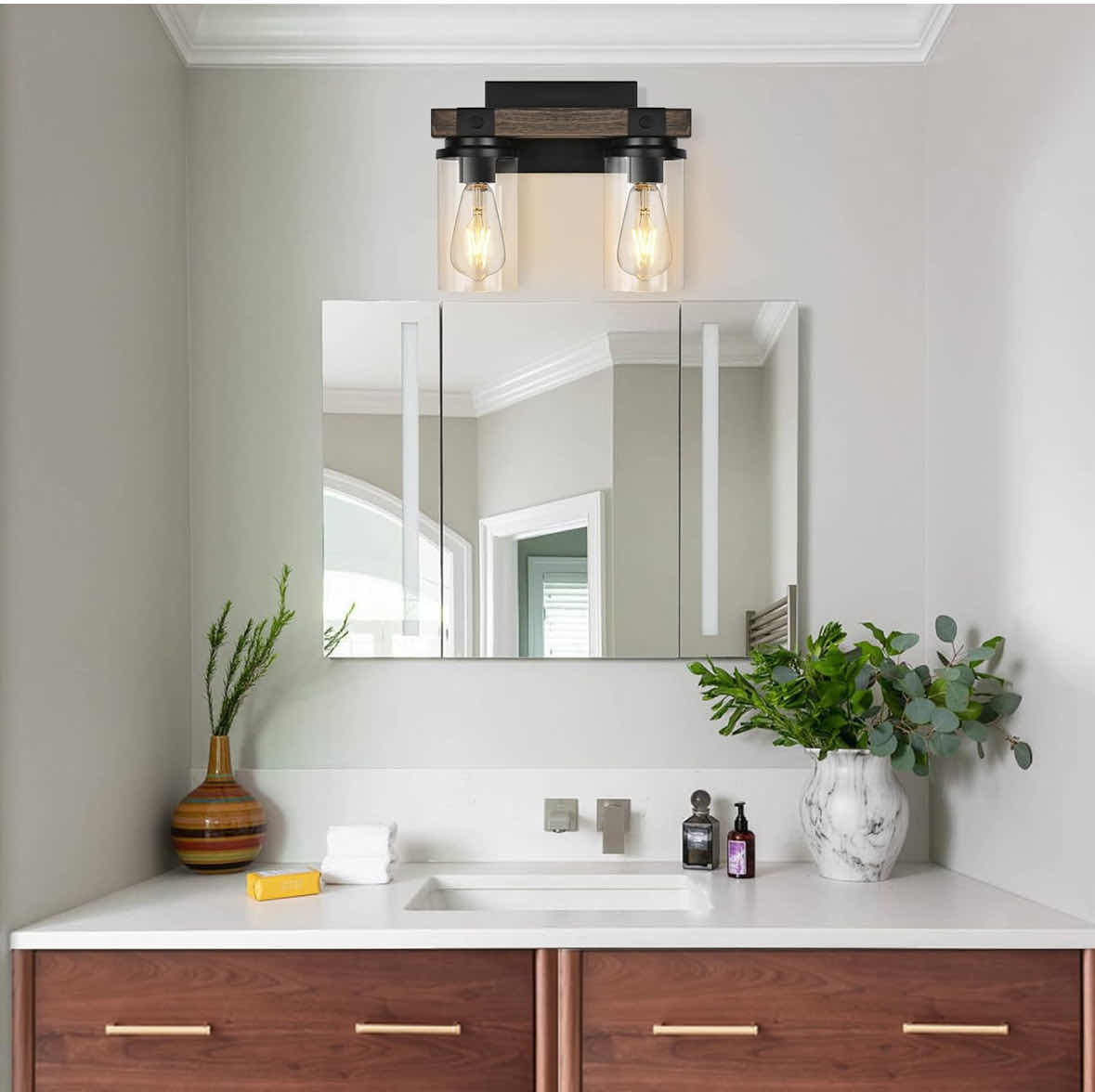 Photo 1 of NEW GOYEEL FARMHOUSE 2-LIGHT VANITY LIGHT FIXTURE W CLEAR GLASS SHADES, BLACK/WOOD FINISH