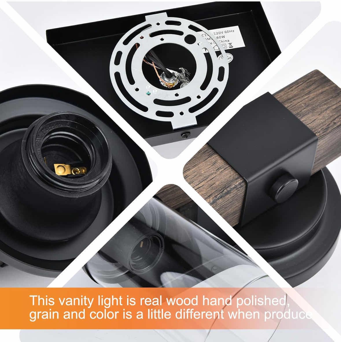 Photo 1 of NEW GOYEEL FARMHOUSE 2-LIGHT VANITY LIGHT FIXTURE W CLEAR GLASS SHADES, BLACK/WOOD FINISH