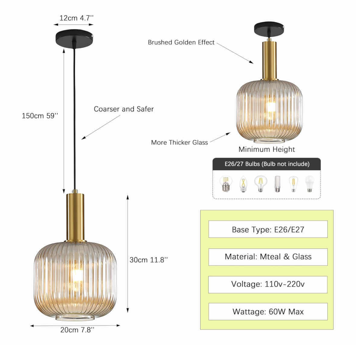 Photo 1 of NEW I-XUN MODERN PENDANT LIGHT FIXTURE, FARMHOUSE STRIPED AMBER GLASS W GOLD ACCENTS