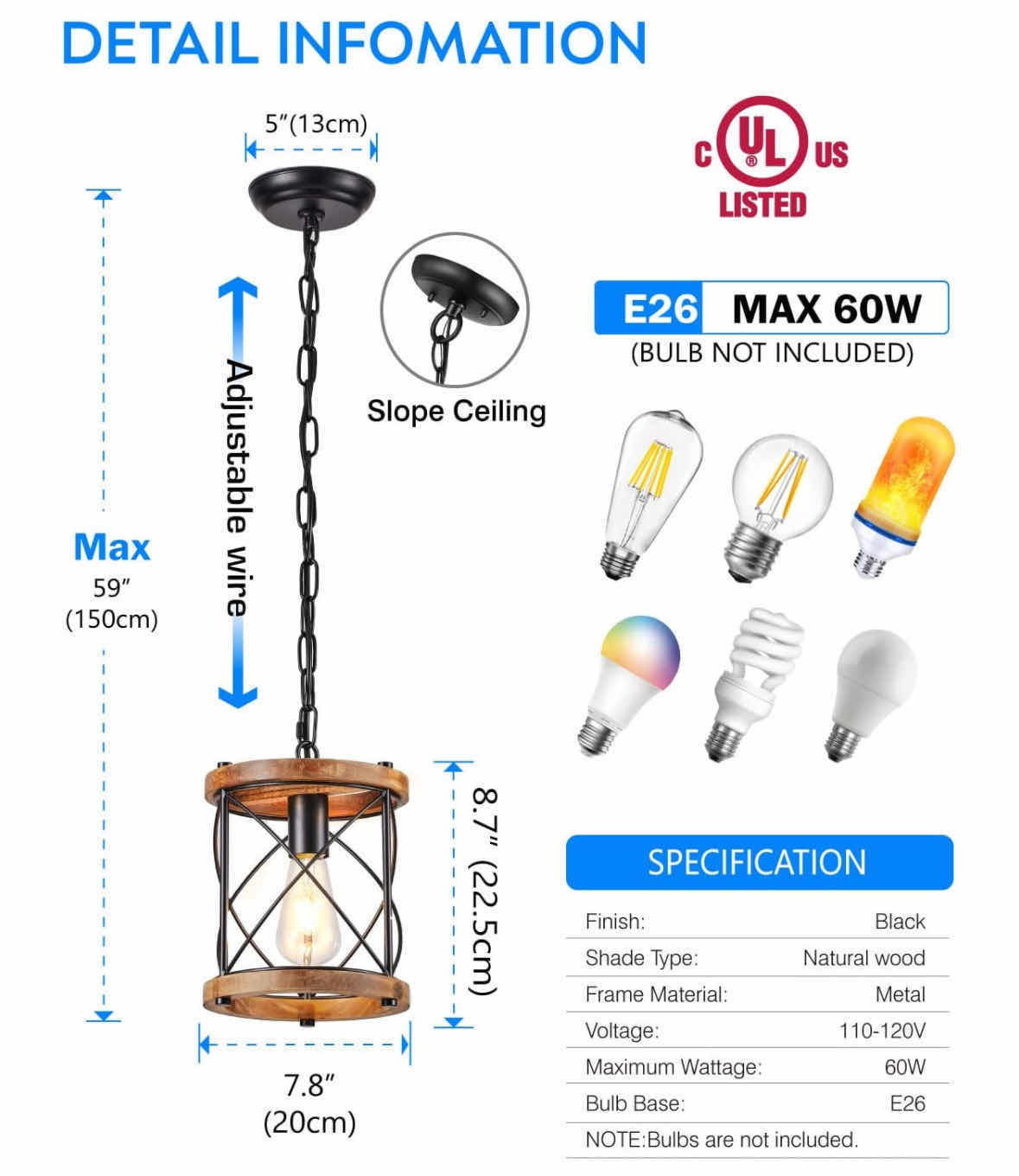 Photo 1 of NEW VIANIS FARMHOUSE PENDANT LIGHT, WOOD W BLACK METAL ACCENTS