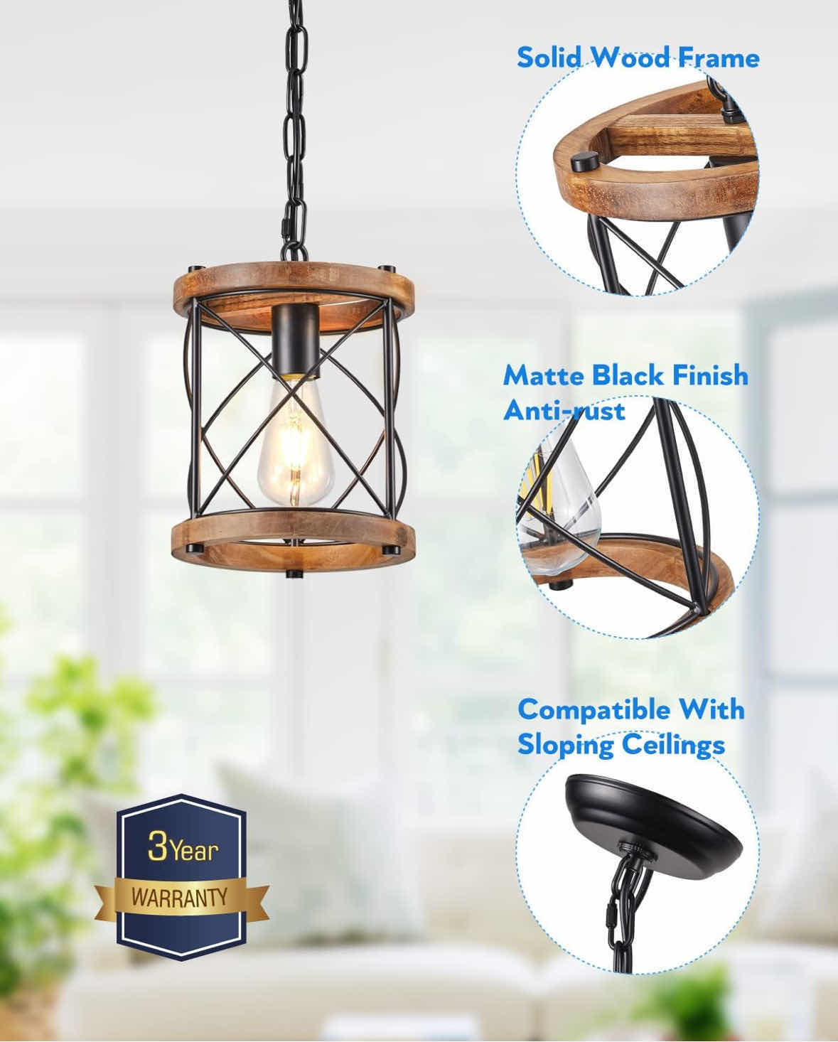 Photo 1 of NEW VIANIS FARMHOUSE PENDANT LIGHT, WOOD W BLACK METAL ACCENTS