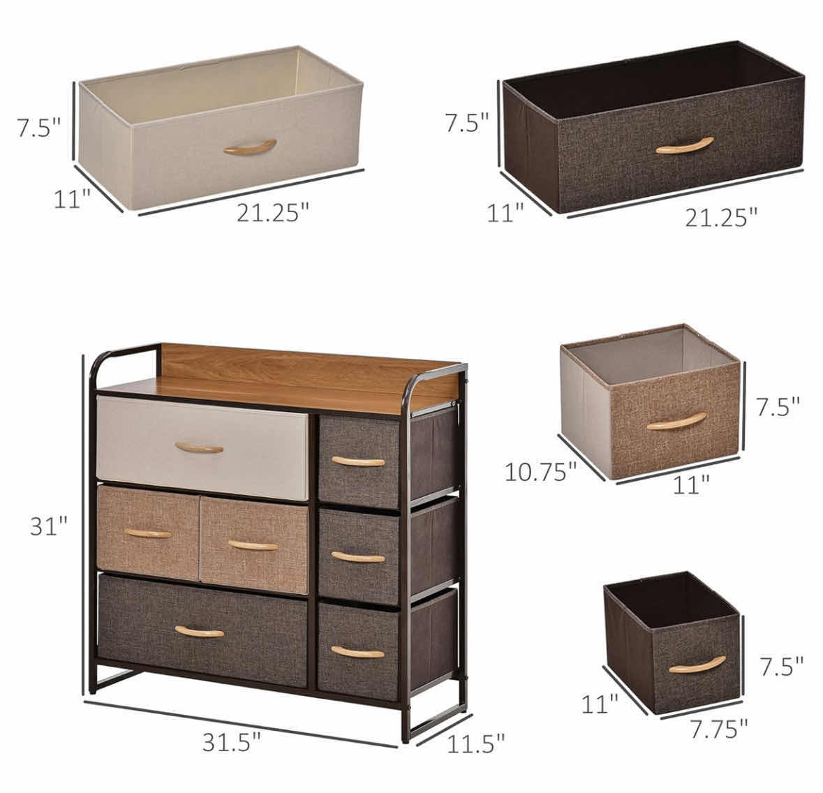 Photo 7 of HOMCOM 7-DRAWER DRESSER, 3-TIER FABRIC CHEST OF DRAWERS STORAGE ORGANIZER W STEEL FRAME, WOODEN TOP (MAPLE WOOD)