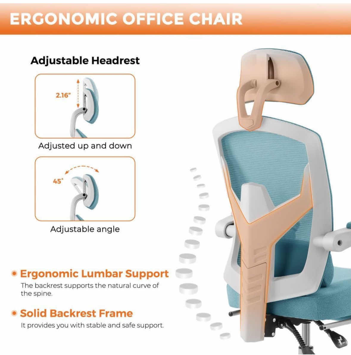 Photo 3 of ERGONOMIC OFFICE CHAIR, HIGH-BACK MESH ROLLING SWIVEL ARMCHAIR W RETRACTABLE FOOTREST (BLUE GREEN)