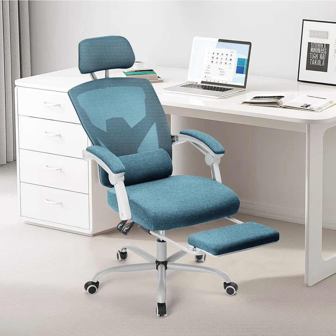 Photo 1 of ERGONOMIC OFFICE CHAIR, HIGH-BACK MESH ROLLING SWIVEL ARMCHAIR W RETRACTABLE FOOTREST (BLUE GREEN)