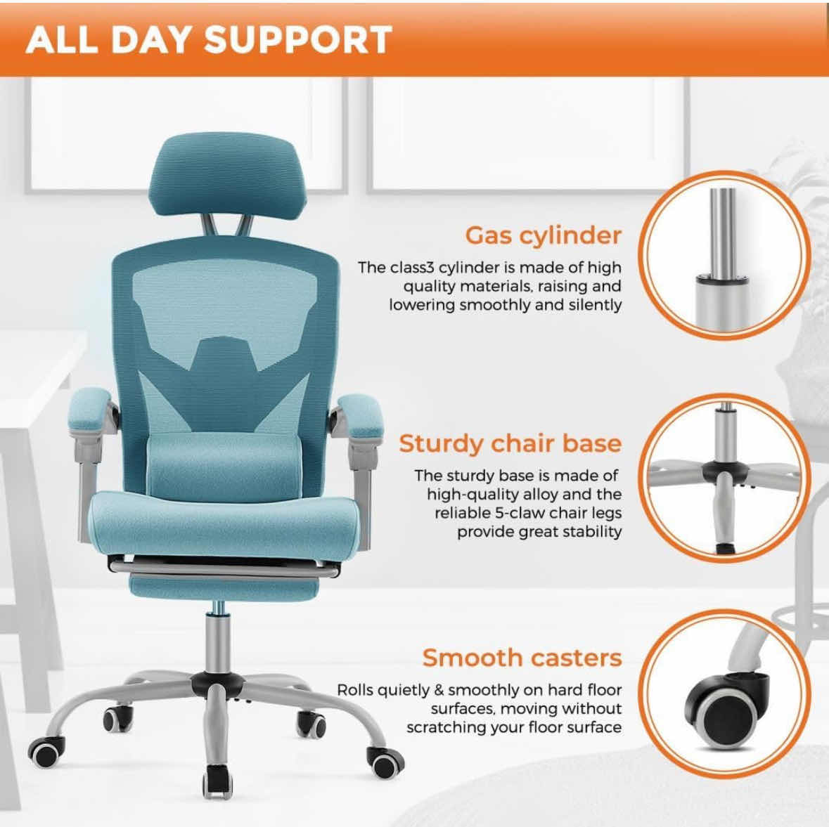 Photo 6 of ERGONOMIC OFFICE CHAIR, HIGH-BACK MESH ROLLING SWIVEL ARMCHAIR W RETRACTABLE FOOTREST (BLUE GREEN)