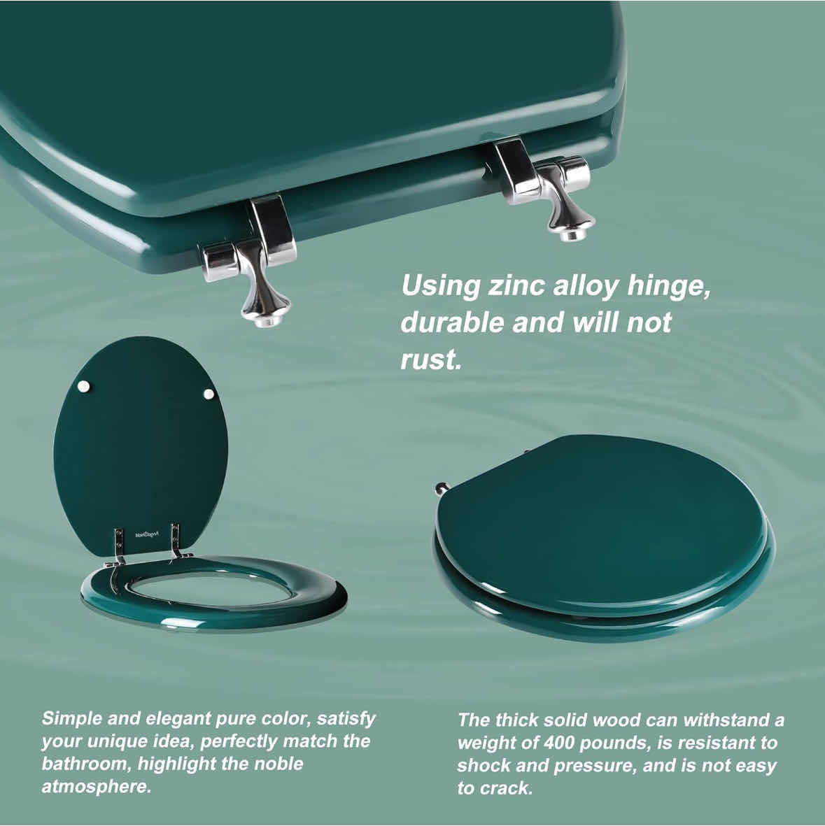 Photo 1 of NEW ANGEL SHIELD TOILET SEAT W ZINC ALLOY HINGES, QUIET CLOSE QUICK RELEASE, WOOD MOLDED UV LID, EASY CLEAN (ROUND, DARK GREEN)