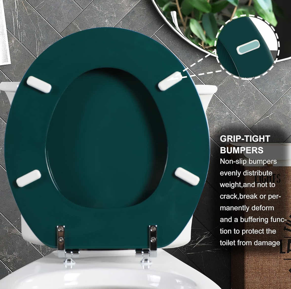 Photo 1 of NEW ANGEL SHIELD TOILET SEAT W ZINC ALLOY HINGES, QUIET CLOSE QUICK RELEASE, WOOD MOLDED UV LID, EASY CLEAN (ROUND, DARK GREEN)