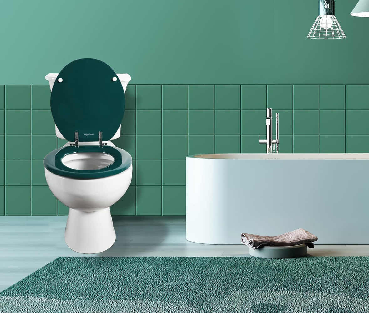 Photo 1 of NEW ANGEL SHIELD TOILET SEAT W ZINC ALLOY HINGES, QUIET CLOSE QUICK RELEASE, WOOD MOLDED UV LID, EASY CLEAN (ROUND, DARK GREEN)