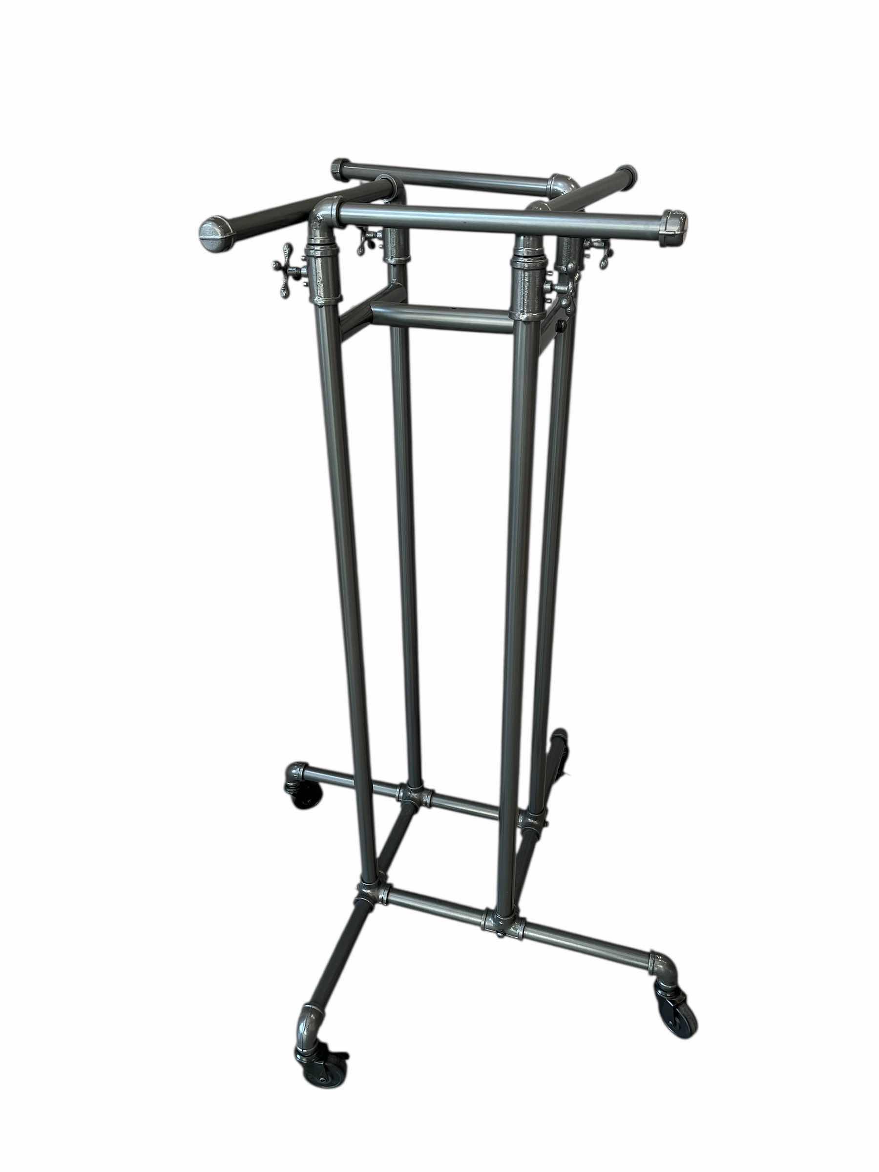Photo 1 of ECC GREY FINISH ROLLING 4 WAY ADJUSTABLE PIPELINE GARMENT DISPLAY RACK 56” X 56” H52”-78”