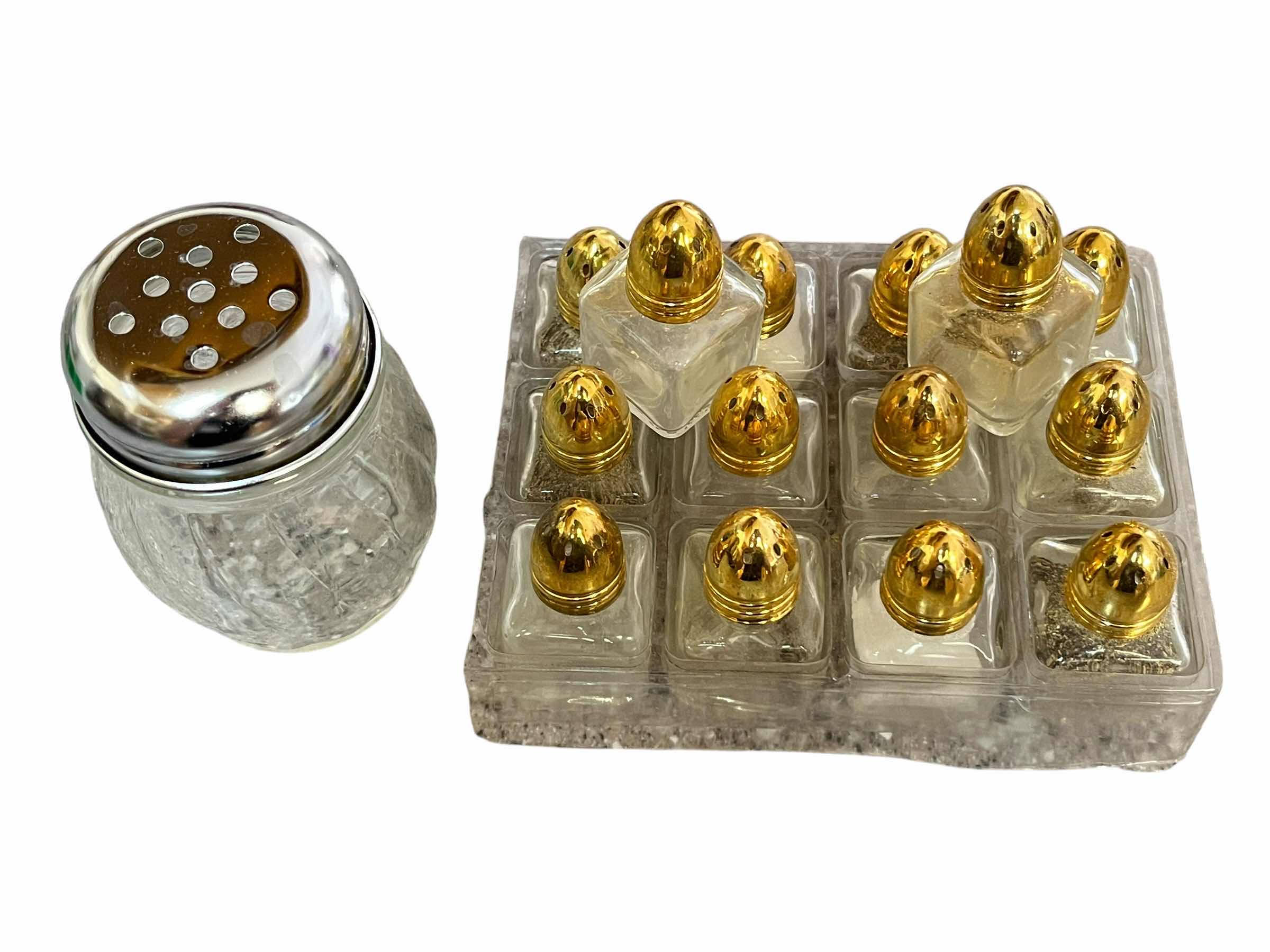 Photo 1 of PEPPER/PARMESAN GLASS, SHAKER H3.5” W GOLD FINISH TOP GLASS MINI SALT & PEPPER SHAKERS (14) H2”