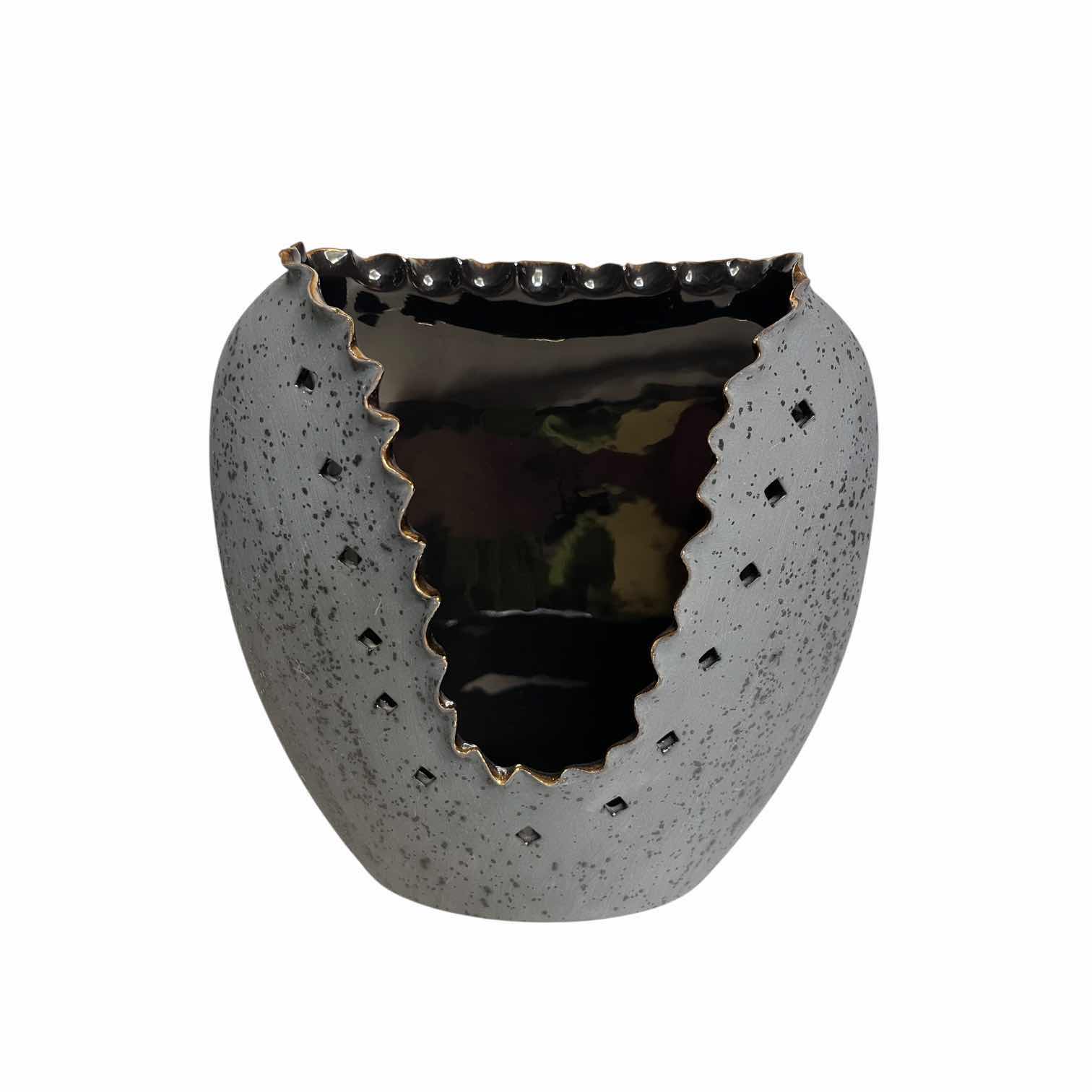 Photo 1 of MATTE SLATE BLACK & GOLD TRIM RUFFLED EDGE VASE 8” X 3.5” H8.5”