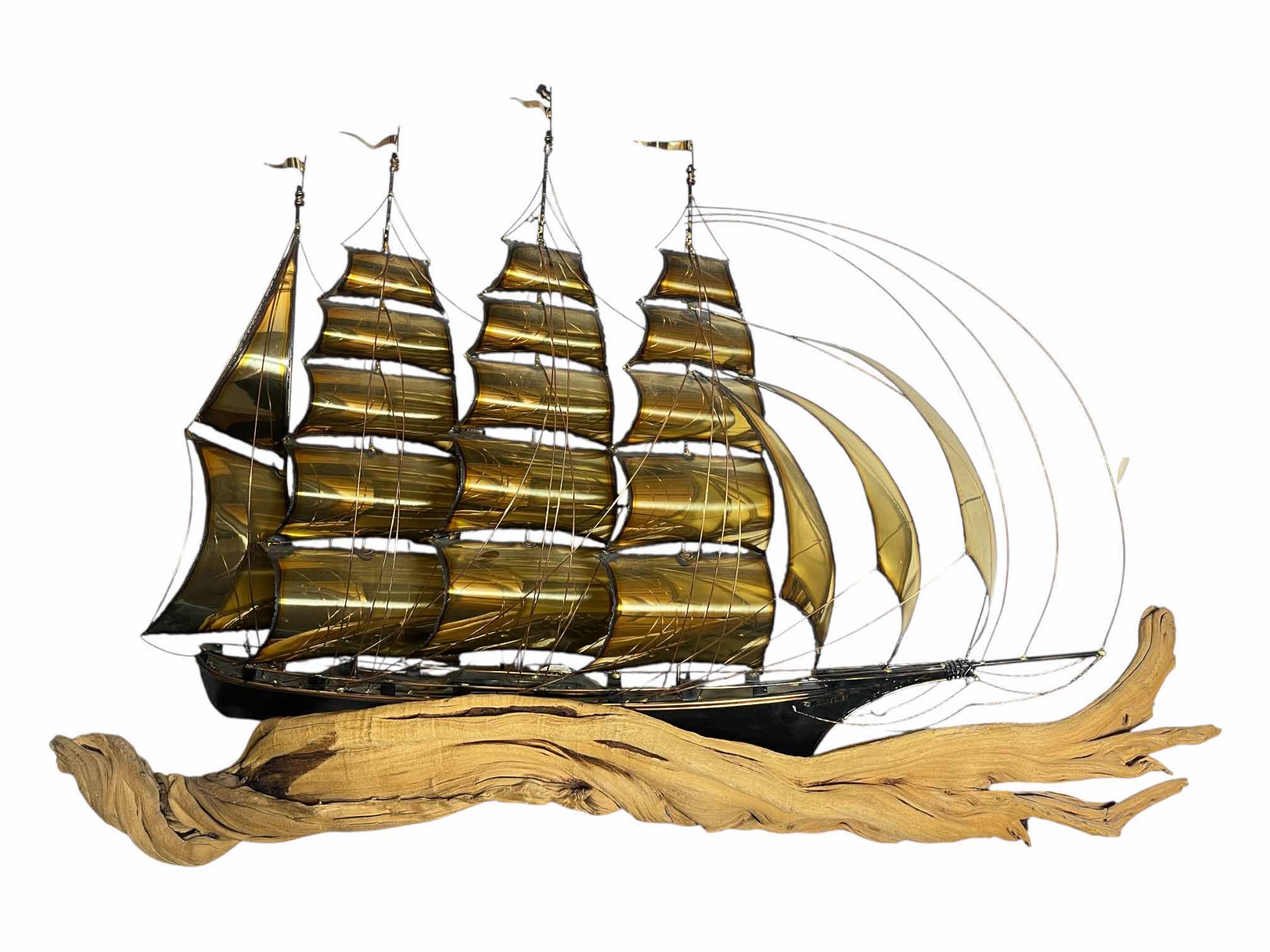 Photo 1 of CAPE HOPE SHIP NAUTICAL BRASS & COPPER  TONE METAL WALL ART SCULPTURE ON DRIFTWOOD SIGNED BY JAMES HACKER YR’85 44” X 8” H28”