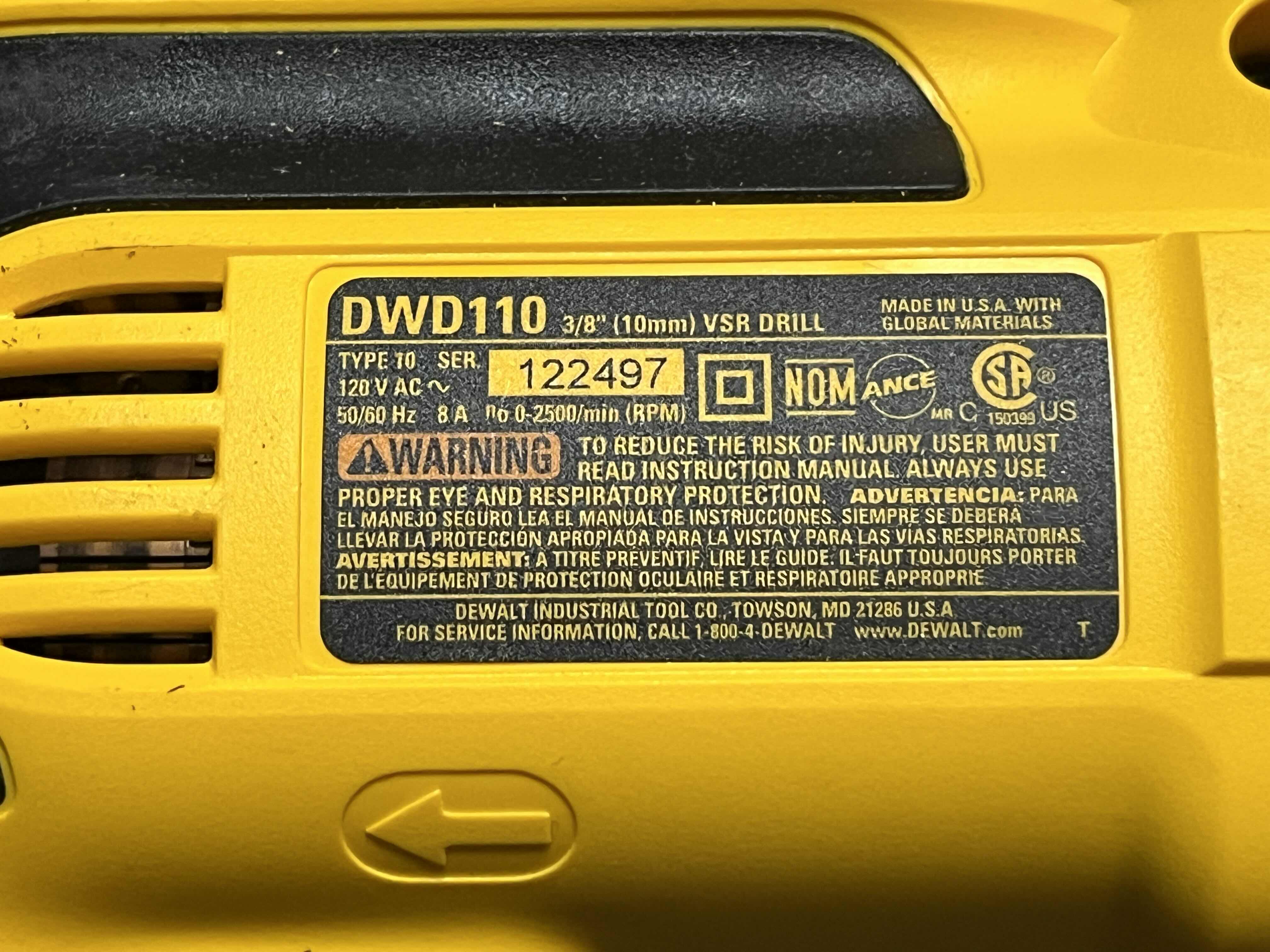 Photo 1 of DEWALT VSR 3/8” CORDED DRILL DWD110 W DEWALT TOOL BAG