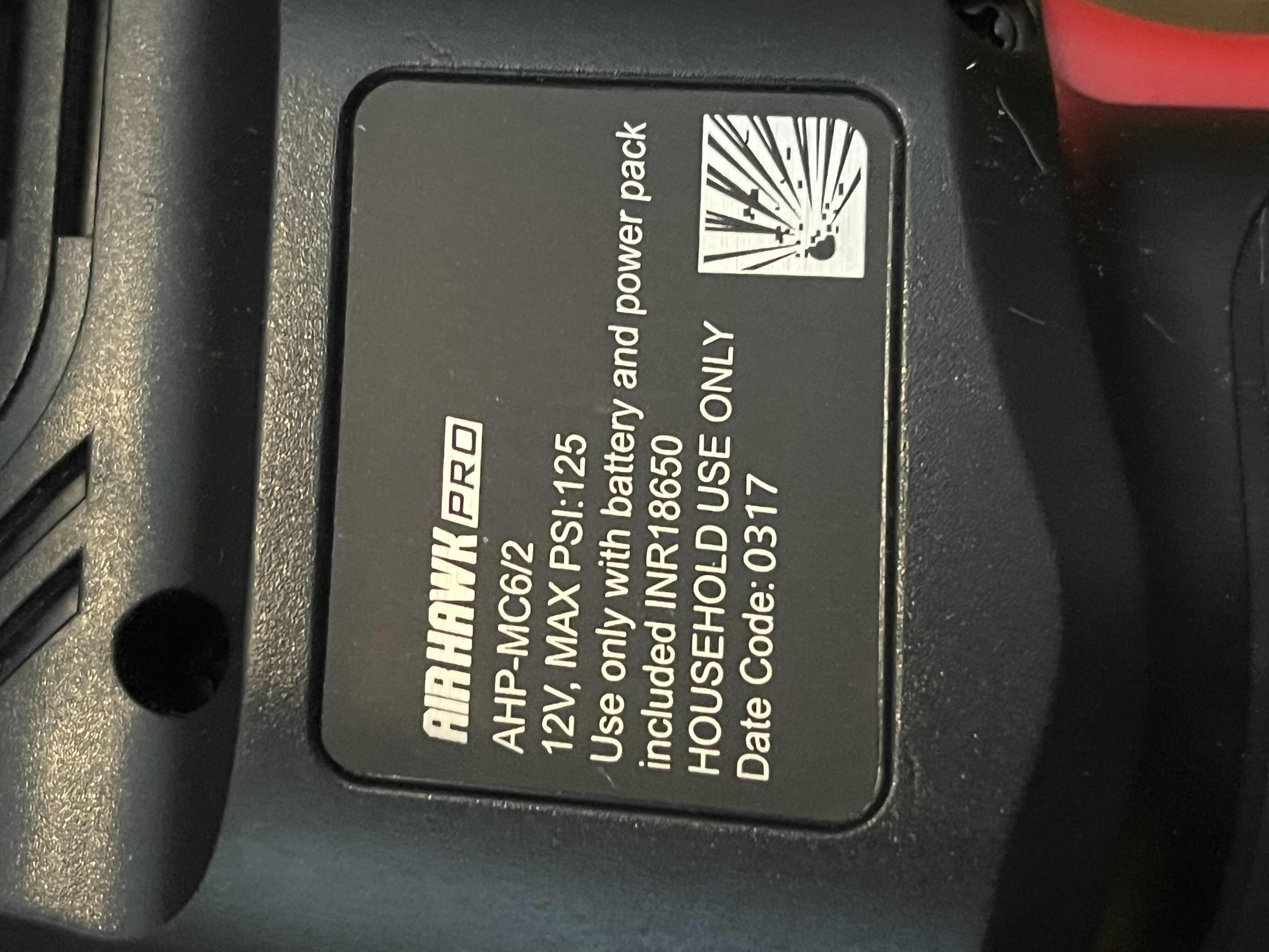 Photo 1 of AIR HAWK PRO CORDLESS AIR COMPRESSOR AHP-MC6/2 125 MAX PSI W 1 BATTERY, CHARGER CORD/CAR CHARGER CORD & CASE