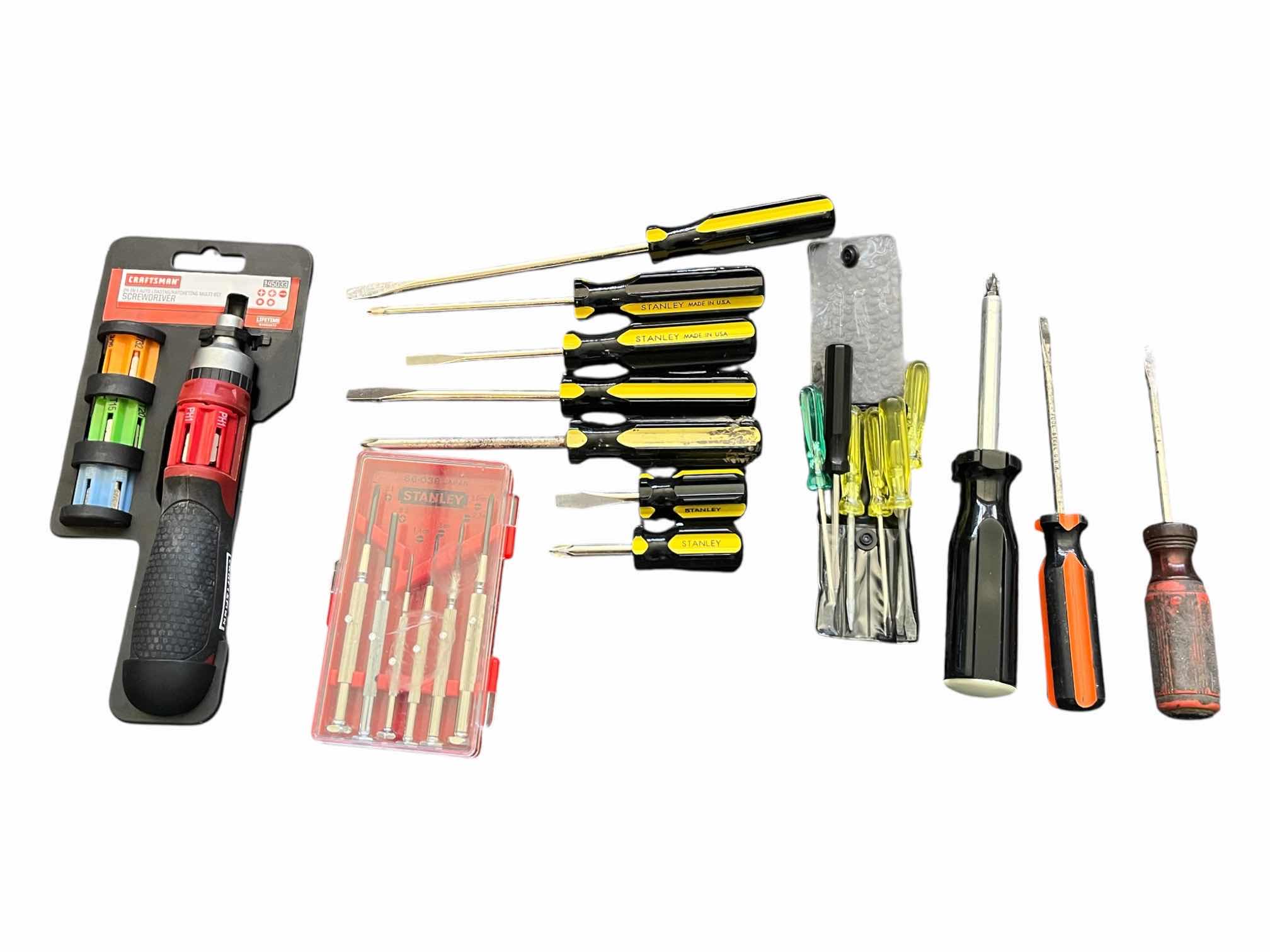 Photo 1 of CRAFTSMAN 24-IN 1 AUTO LOADING RATCHET SCREWDRIVER, STANLEY SCREWDRIVER SETS (2) W VARIOUS SCREWDRIVERS