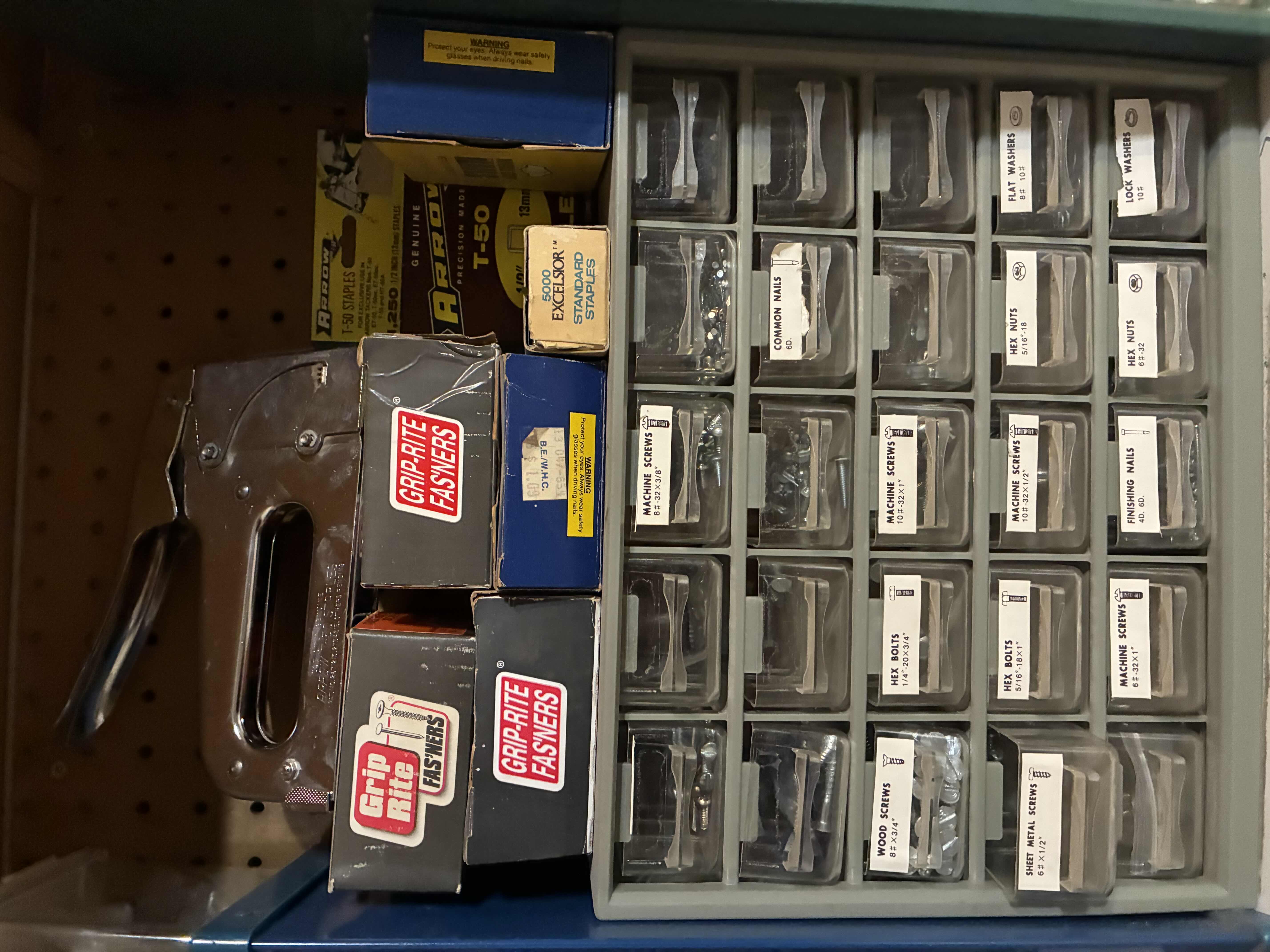 Photo 1 of HARDWARE CHESTS (3) W MULTIPURPOSE HARDWARE & ARROW FASTENER STAPLE GUN