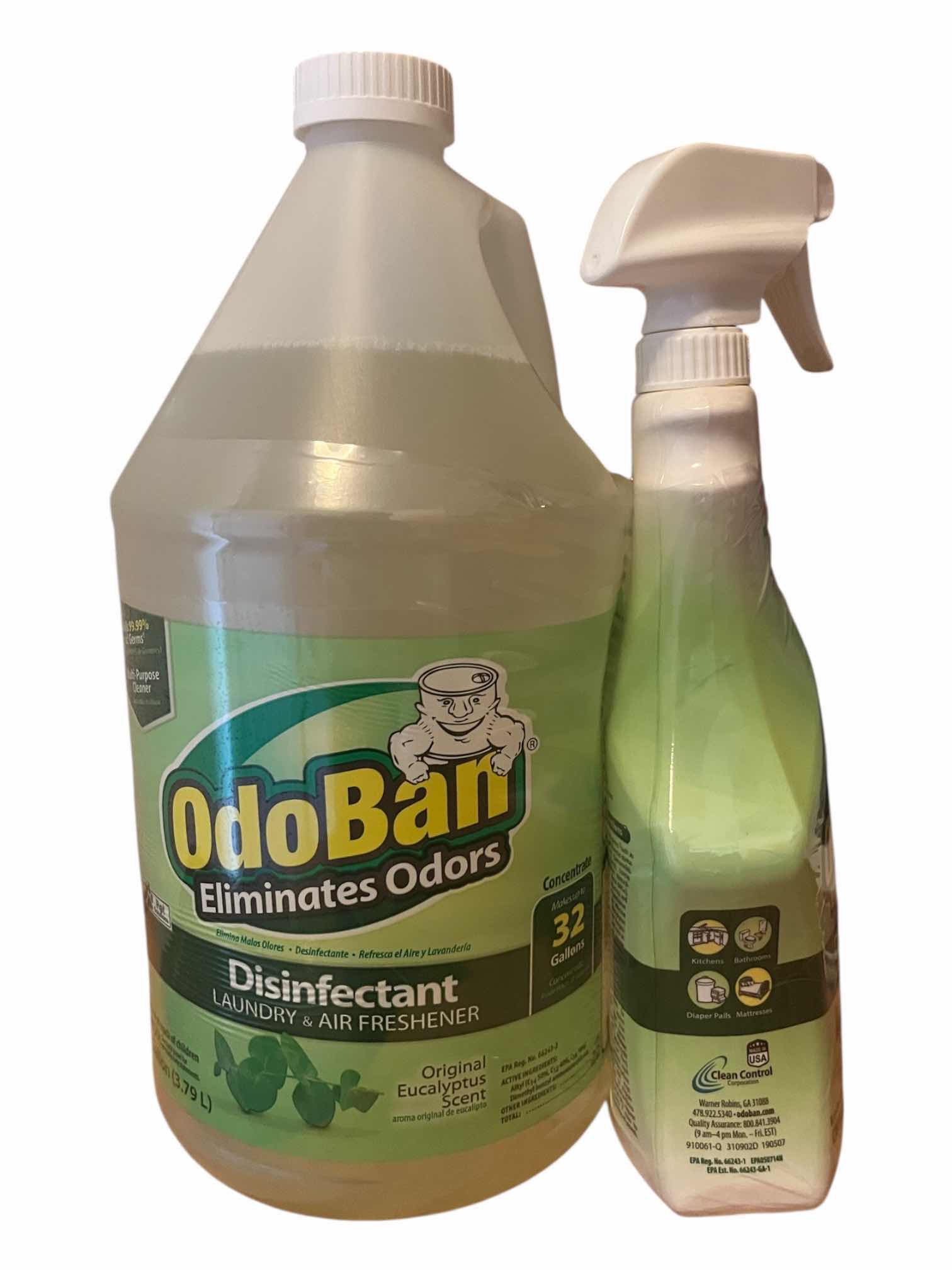 Photo 1 of ODOBAN ELIMINATE ODOR DISINFECTING LAUNDRY/AIR FRESHENER 1GAL W 1QT SPRAY BOTTLE & CLEANBOSS SOFT LAVENDER LAUNDRY DETERGENT SMART SHEETS 30SHEETS