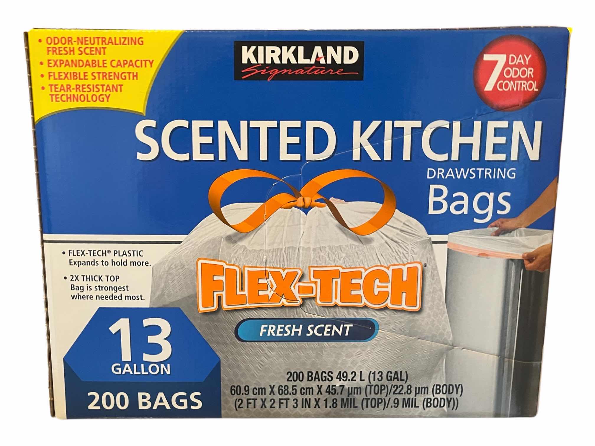 Photo 1 of KIRKLAND FLEX-TECH FRESH SCENT KITCHEN DRAWSTRING TRASH BAGS 13GAL 200 BAGS