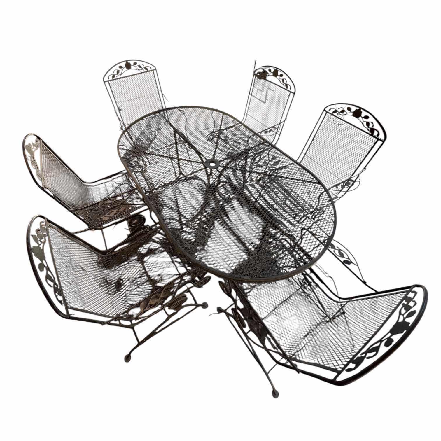 Photo 1 of WOODARD FLORAL ACCENTED WROUGHT IRON MESH PATIO TABLE & 6 CHAIR SET (READ NOTES)