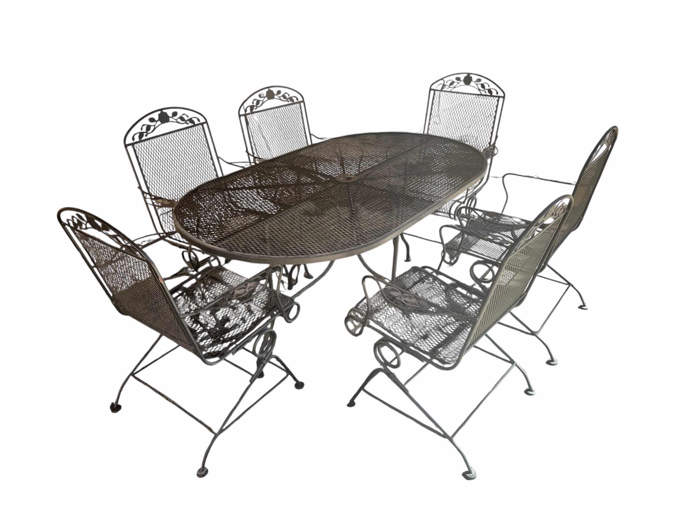 Photo 1 of WOODARD FLORAL ACCENTED WROUGHT IRON MESH PATIO TABLE & 6 CHAIR SET (READ NOTES)