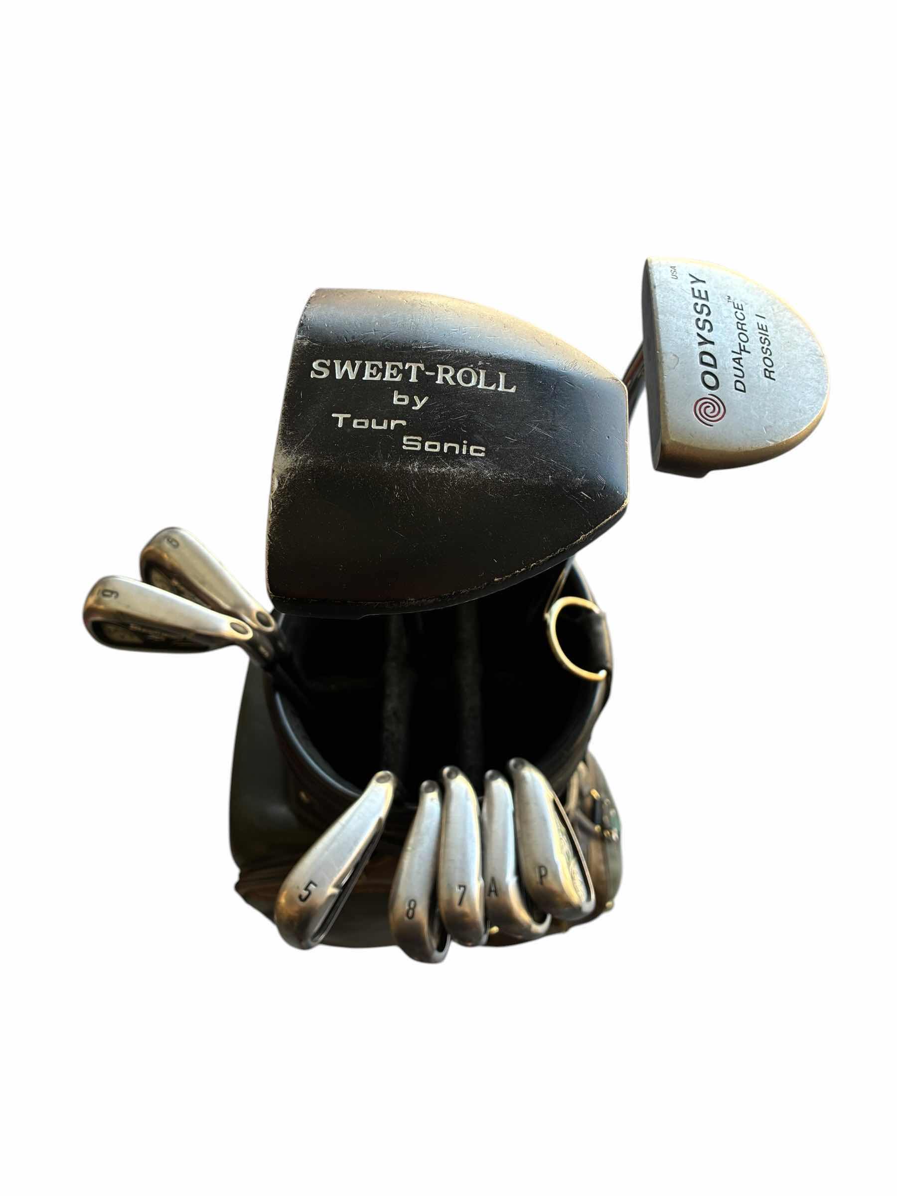 Photo 1 of TOUR SONIC SWEET ROLL DRIVER, ODYSSEY DUAL FORCE DRIVER & CALLAWAY STEELHEAD GOLF CLUBS W BELDING LEATHER GOLF BAG