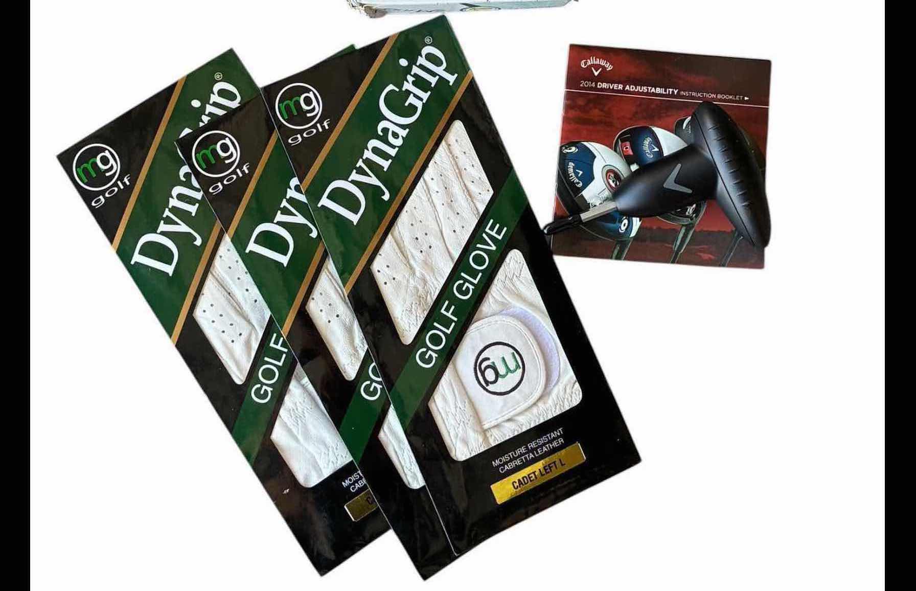 Photo 1 of GOLF BALLS SETS (9), MG DYNAGRIP LG LEFT CADET GLOVES (3) & CALLAWAY DRIVER ADJUSTER