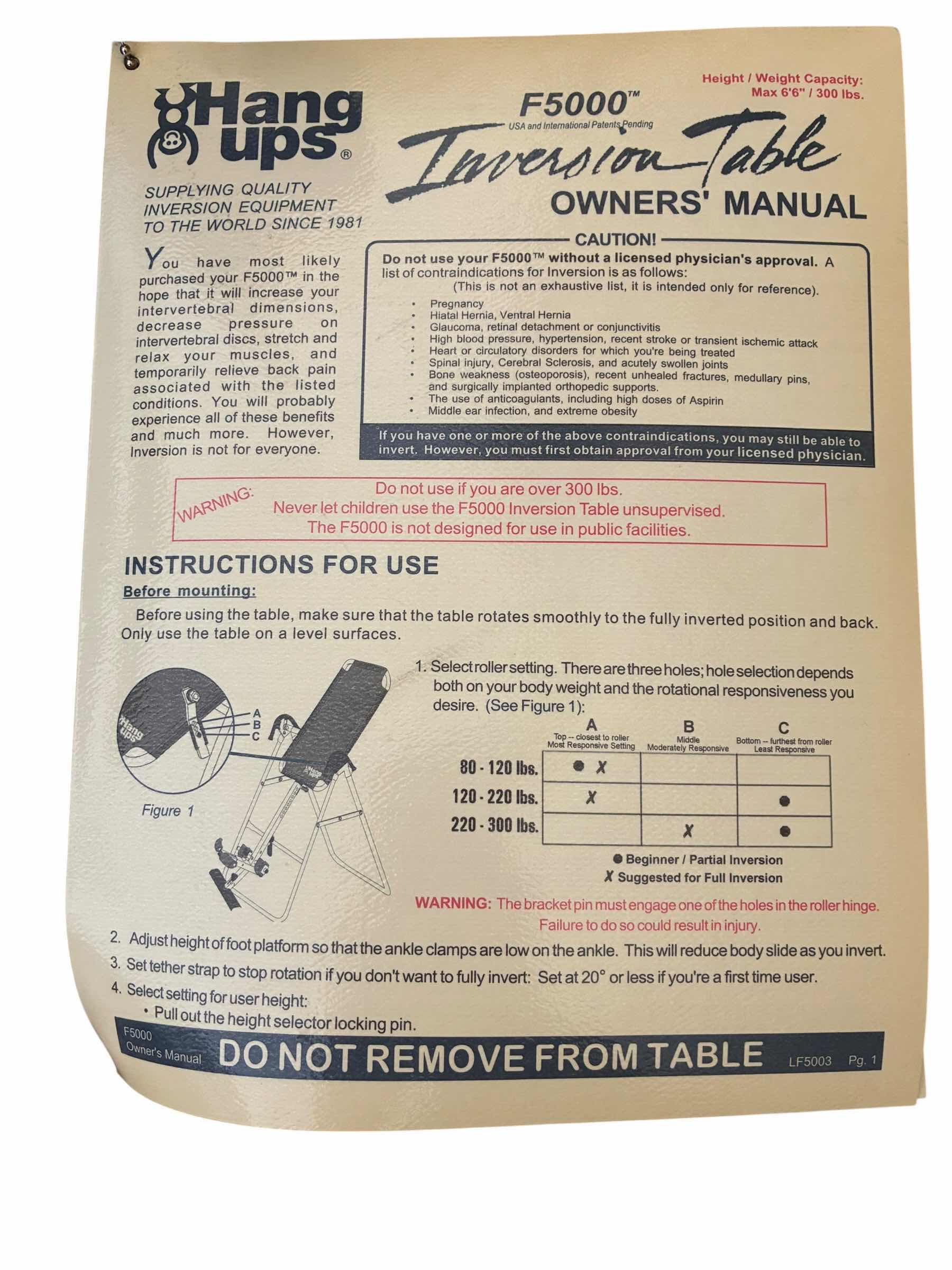 Photo 1 of HANGUPS INVERSION TABLE F5000
