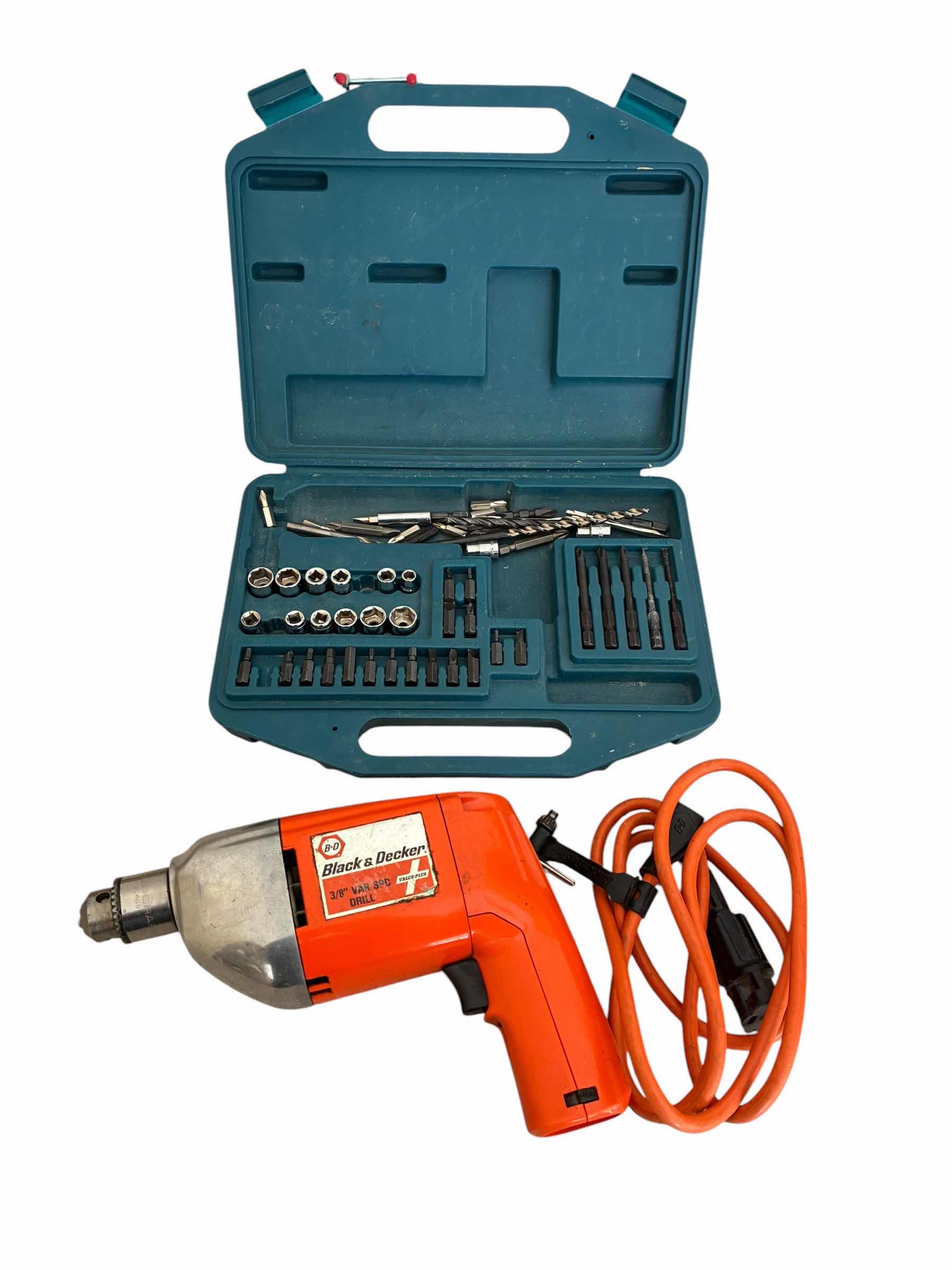 Photo 1 of VINTAGE BLACK & DECKER CORDED VARIABLE SPEED DRILL W BIT SET