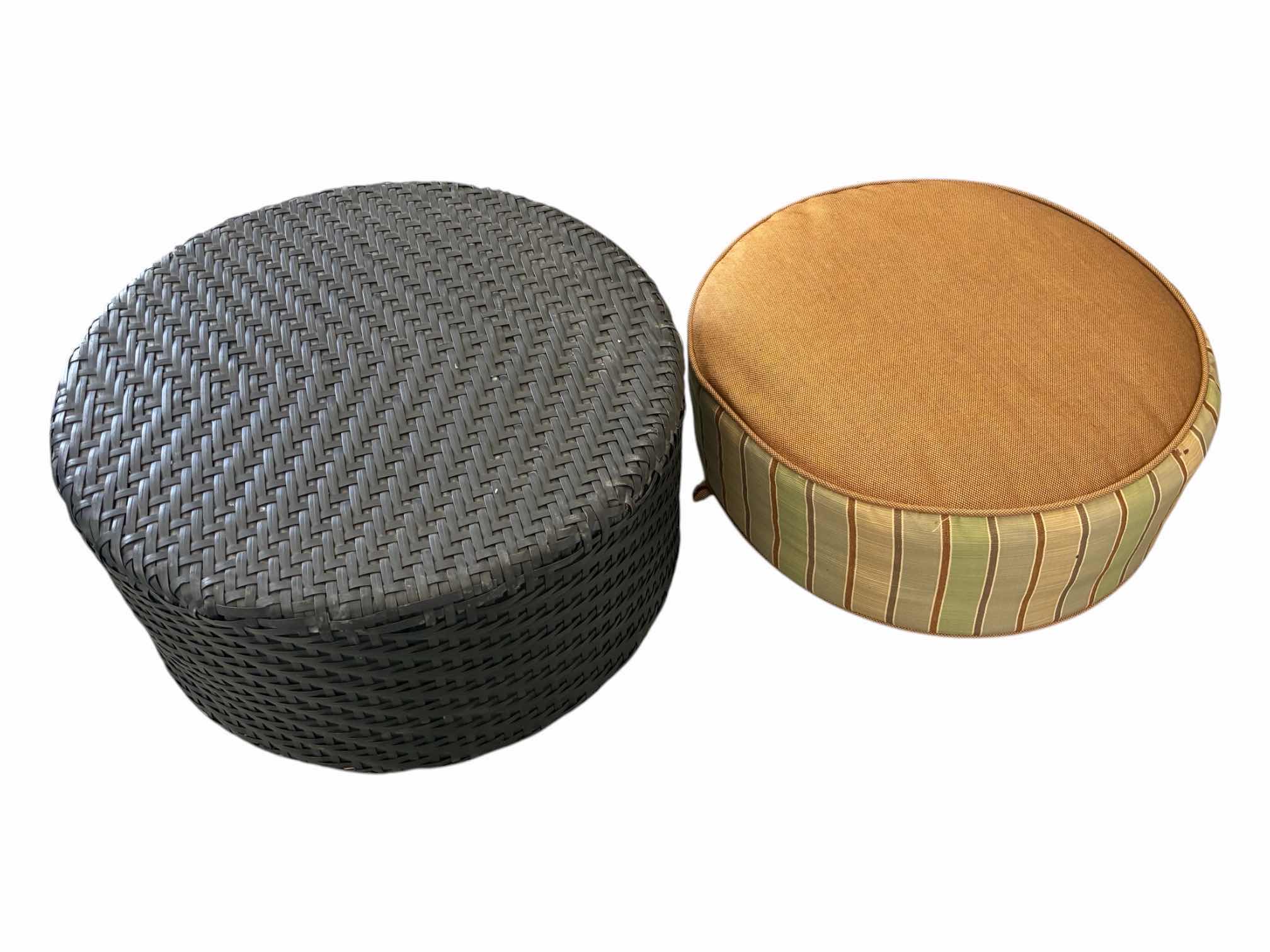 Photo 1 of ROUND BLACK WOVEN STOOL W STRIPED CUSHION 20“ X 18“