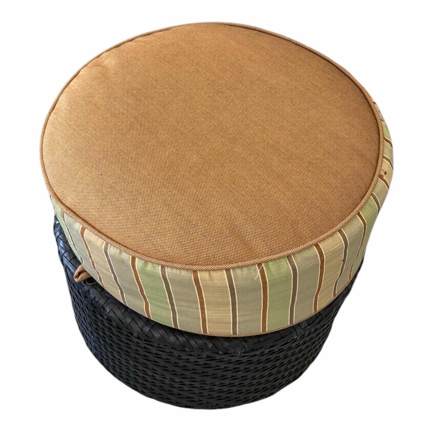 Photo 1 of ROUND BLACK WOVEN STOOL W STRIPED CUSHION 20“ X 18“