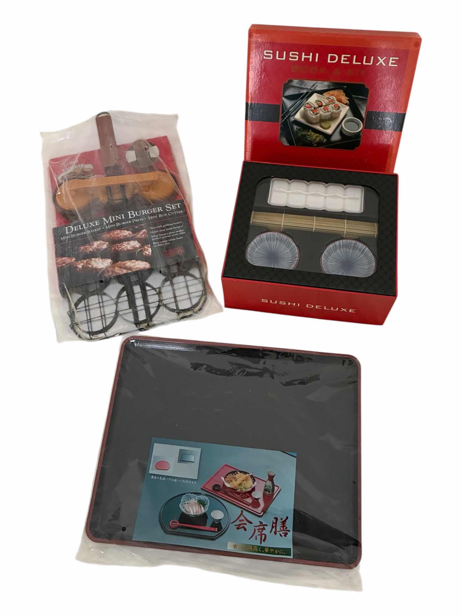 Photo 1 of NEW DELUXE, MINI BURGER GRILLING BASKET, SUSHI DELUXE BOOK/KIT & ISHIKO CASHEW RESIN SERVING TRAY