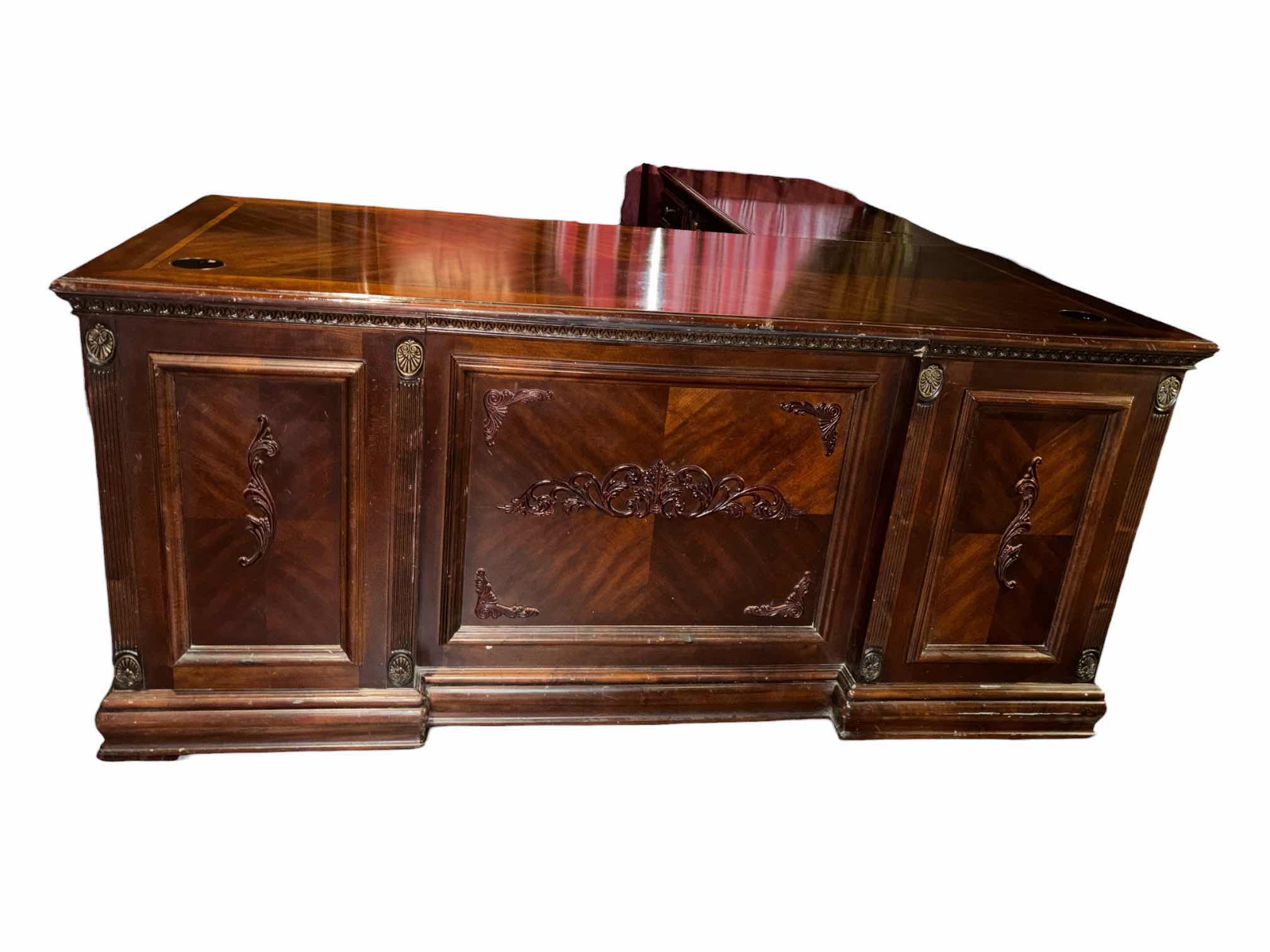 Photo 1 of MAHOGANY L-SHAPED EXECUTIVE DESK 67.5” X 79.25” H30.5” *SEE NOTES
