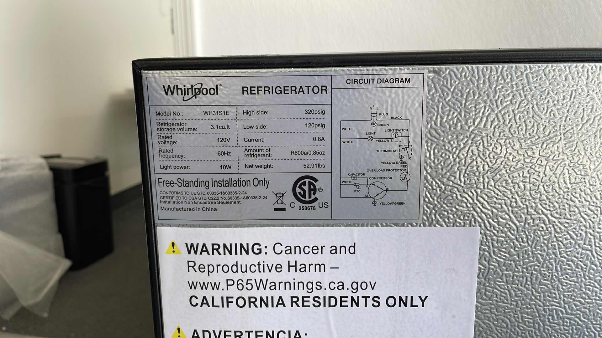 Photo 4 of WHIRLPOOL MINI FRIDGE W FREEZER 18”x 18” x H32”