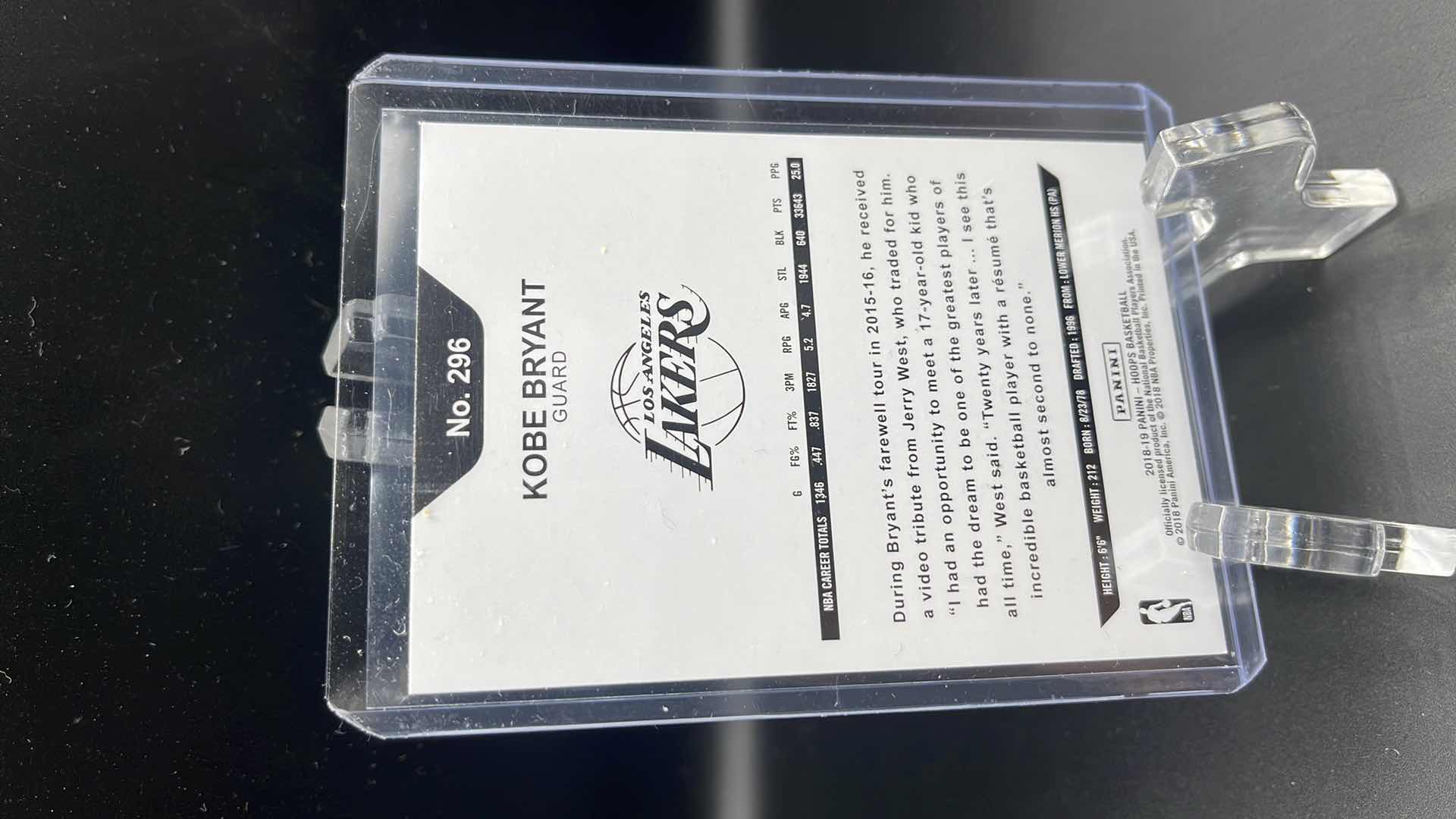 Photo 1 of 2018 KOBE BRYANT BRYANT PANINI CARD 296