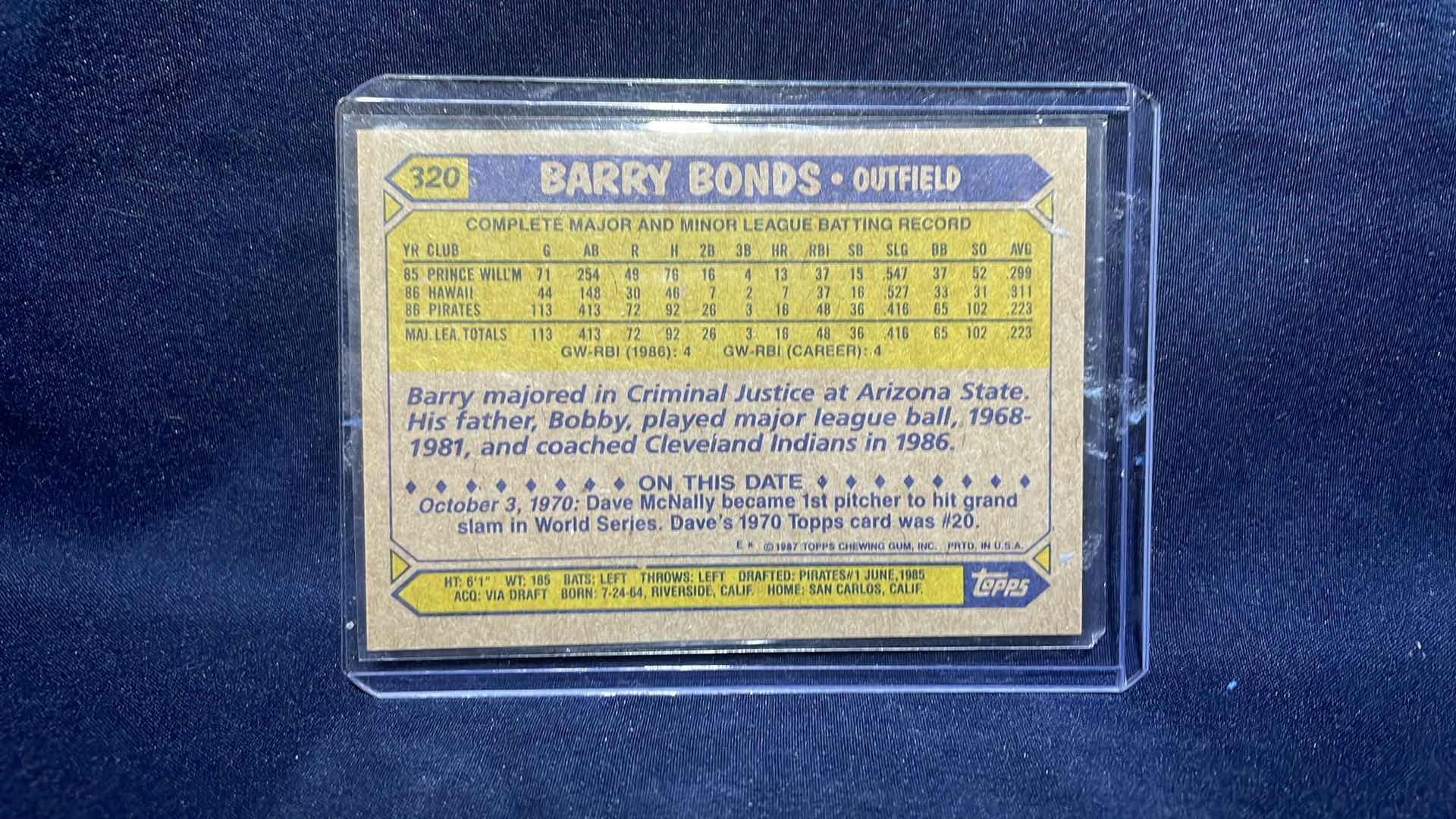 Photo 2 of 1987 TOPPS BARRY BONDS ERROR CARD #320