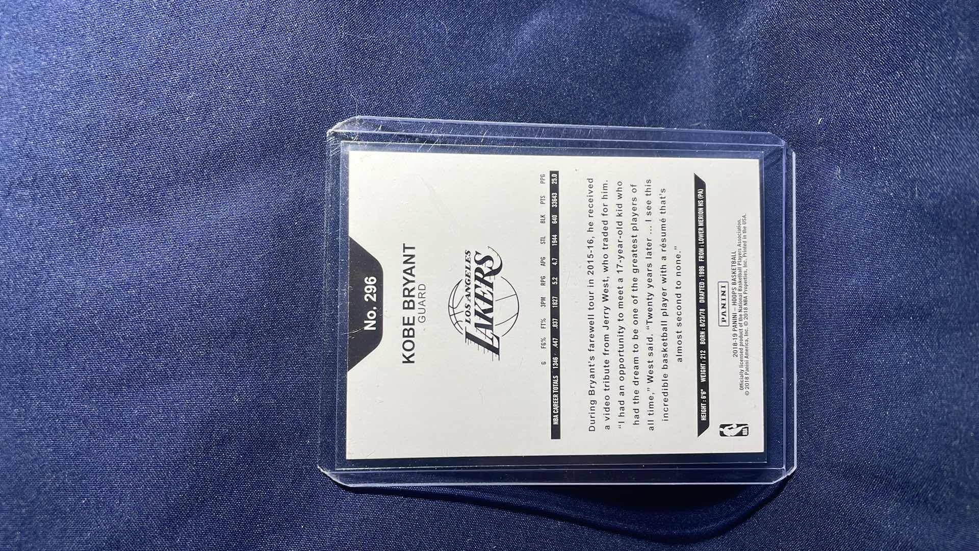 Photo 1 of 2018 PANINI KOBE BRYANT CARD #296