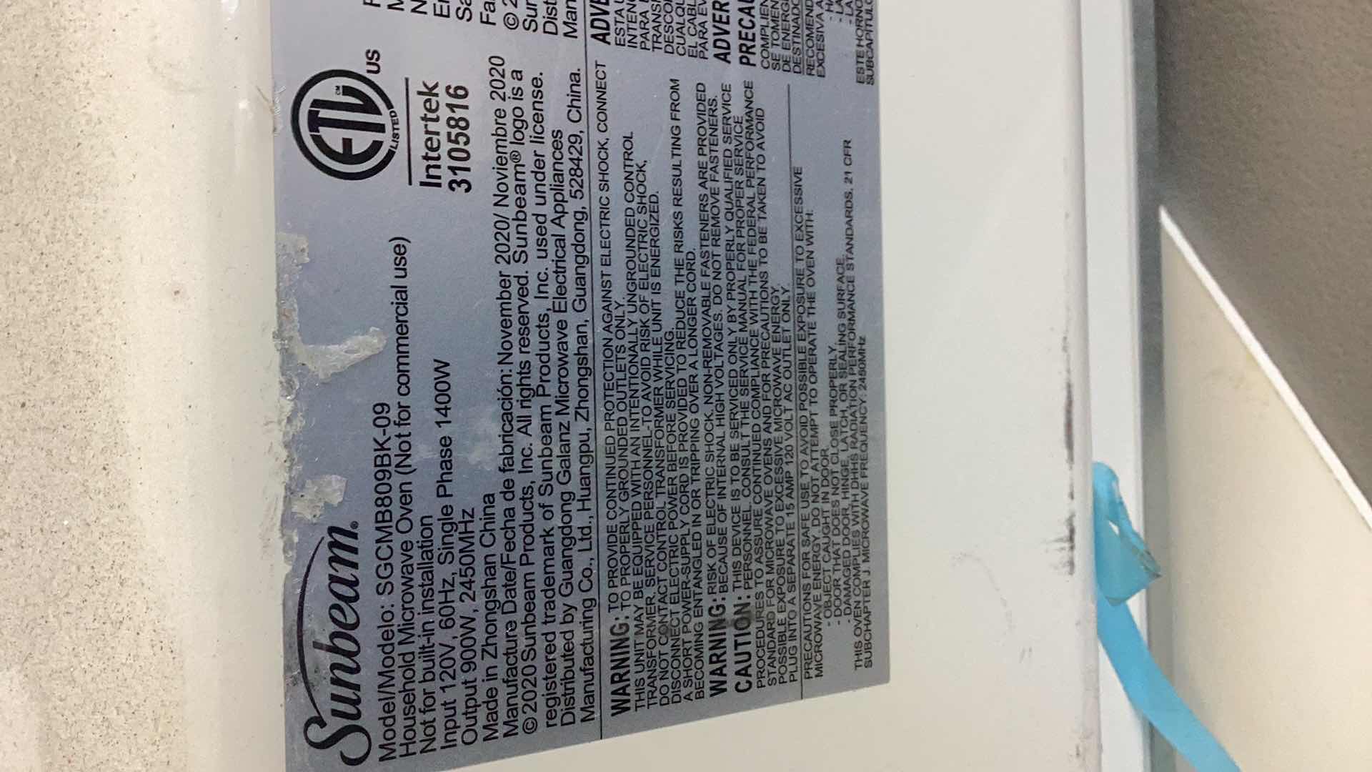 Photo 1 of SUNBEAM MICROWAVE 18” X 13” H 11”