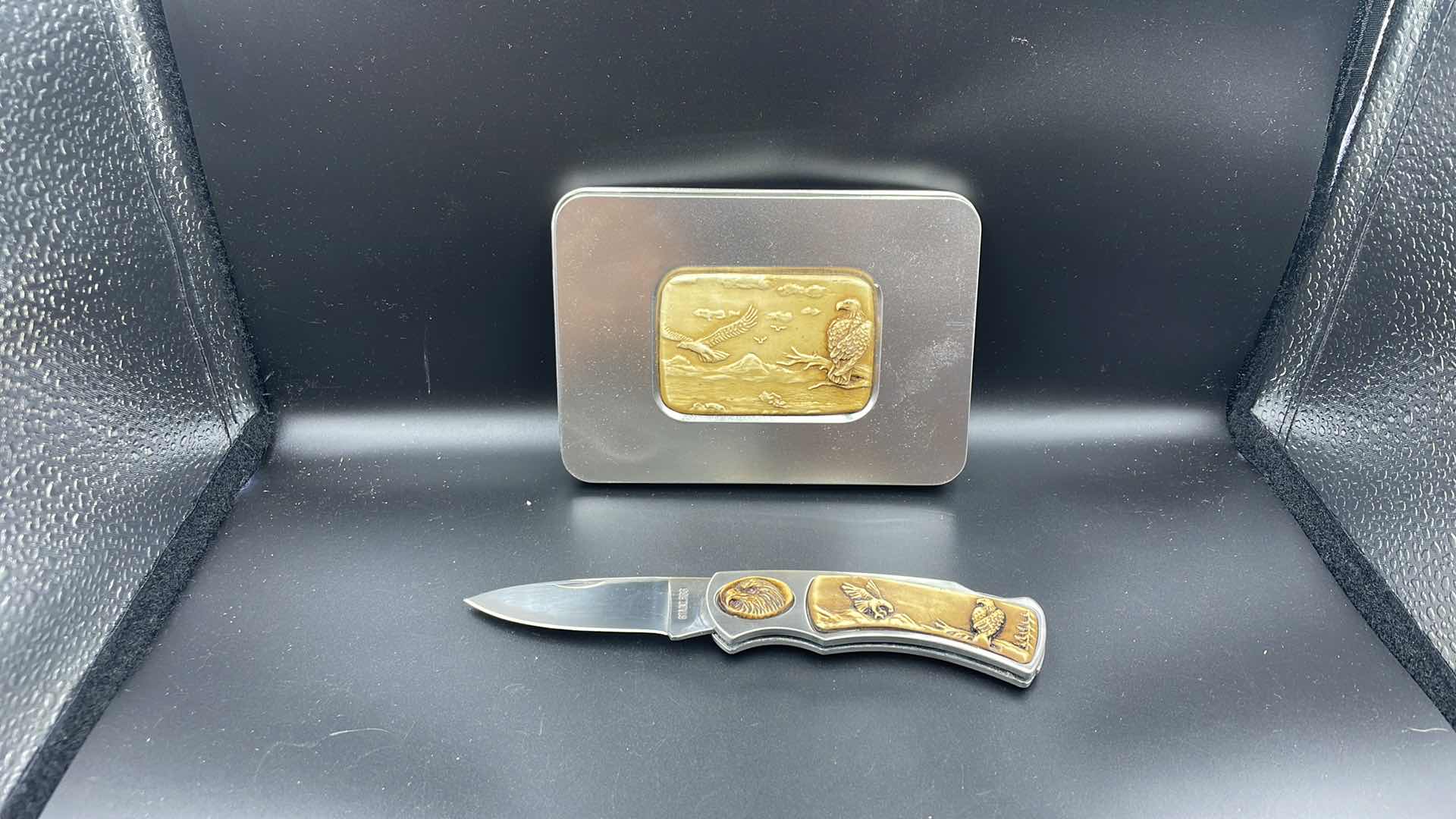 Photo 1 of DECORATIVE EAGLE TIN WITH POCKET KNIFE AND KEYCHAIN