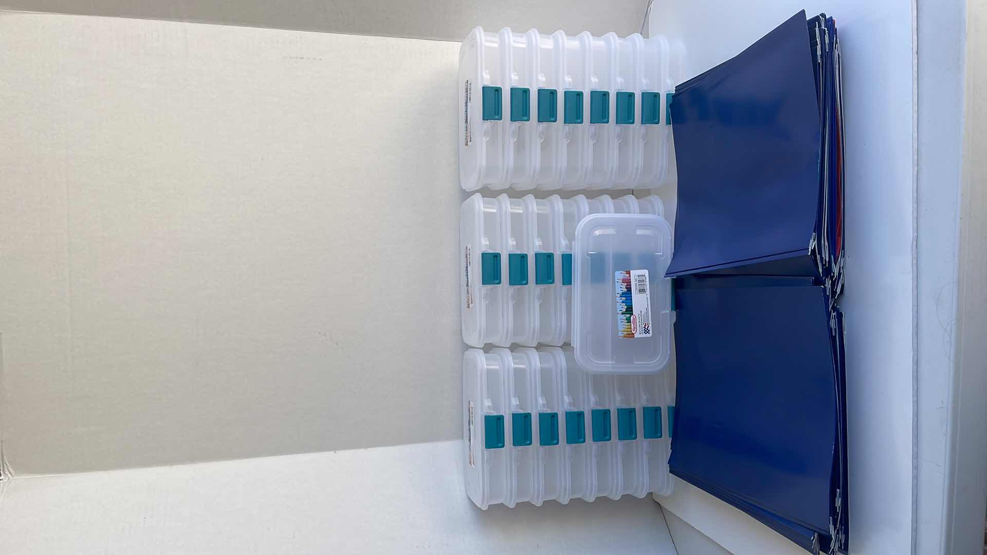 Photo 1 of BOX OF SCHOOL SUPPLIES PENCIL HOLDERS & FOLDERS