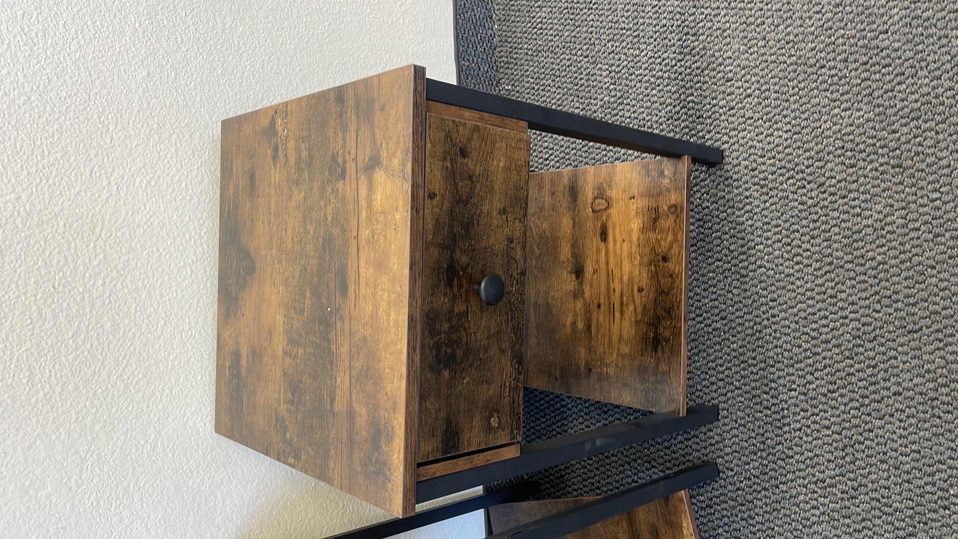 Photo 1 of 2 PC METAL BASE SIDE TABLES W WOOD TOP 16” X 16” H22”