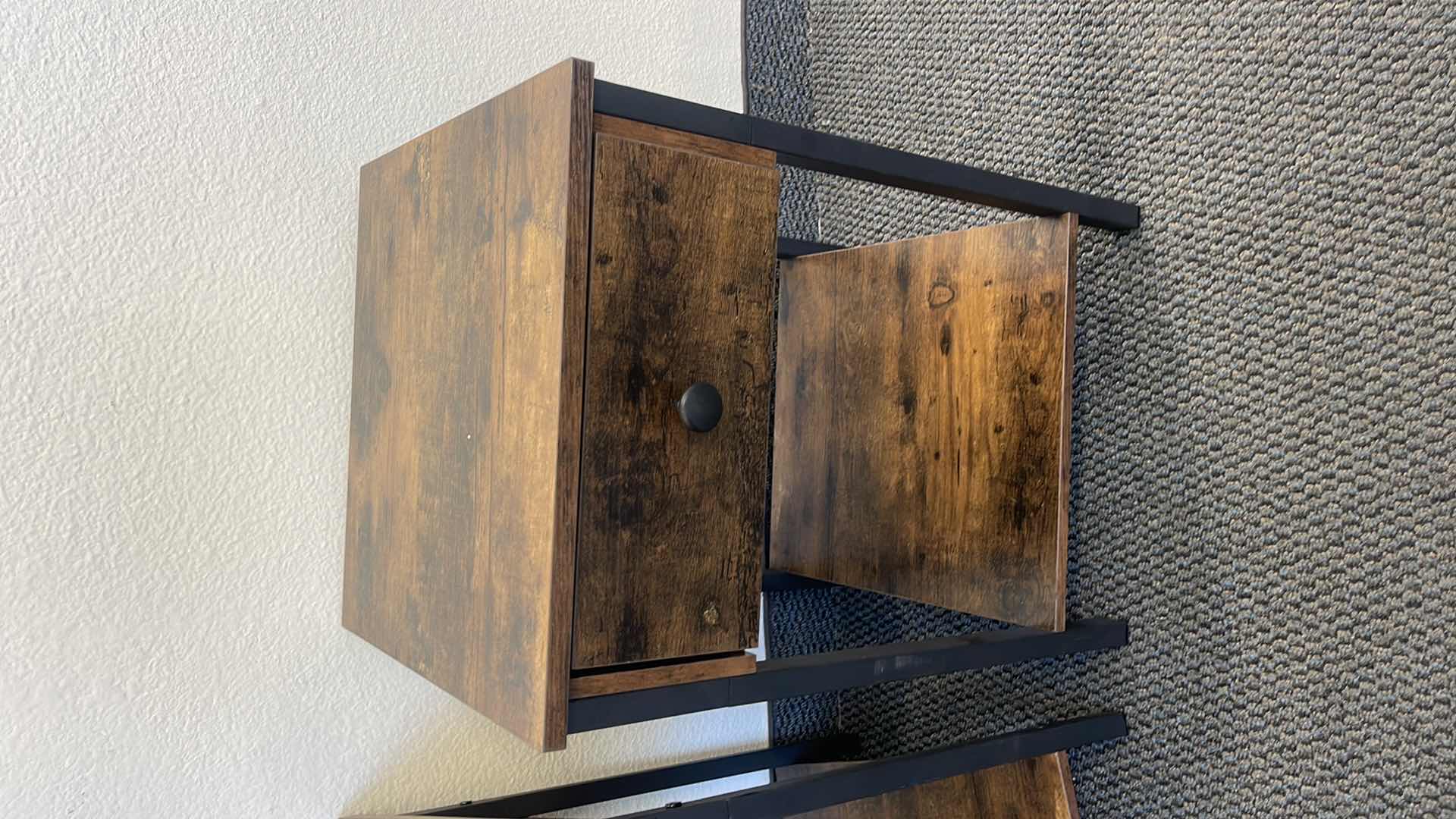 Photo 1 of 2 PC METAL BASE SIDE TABLES W WOOD TOP 16” X 16” H22”