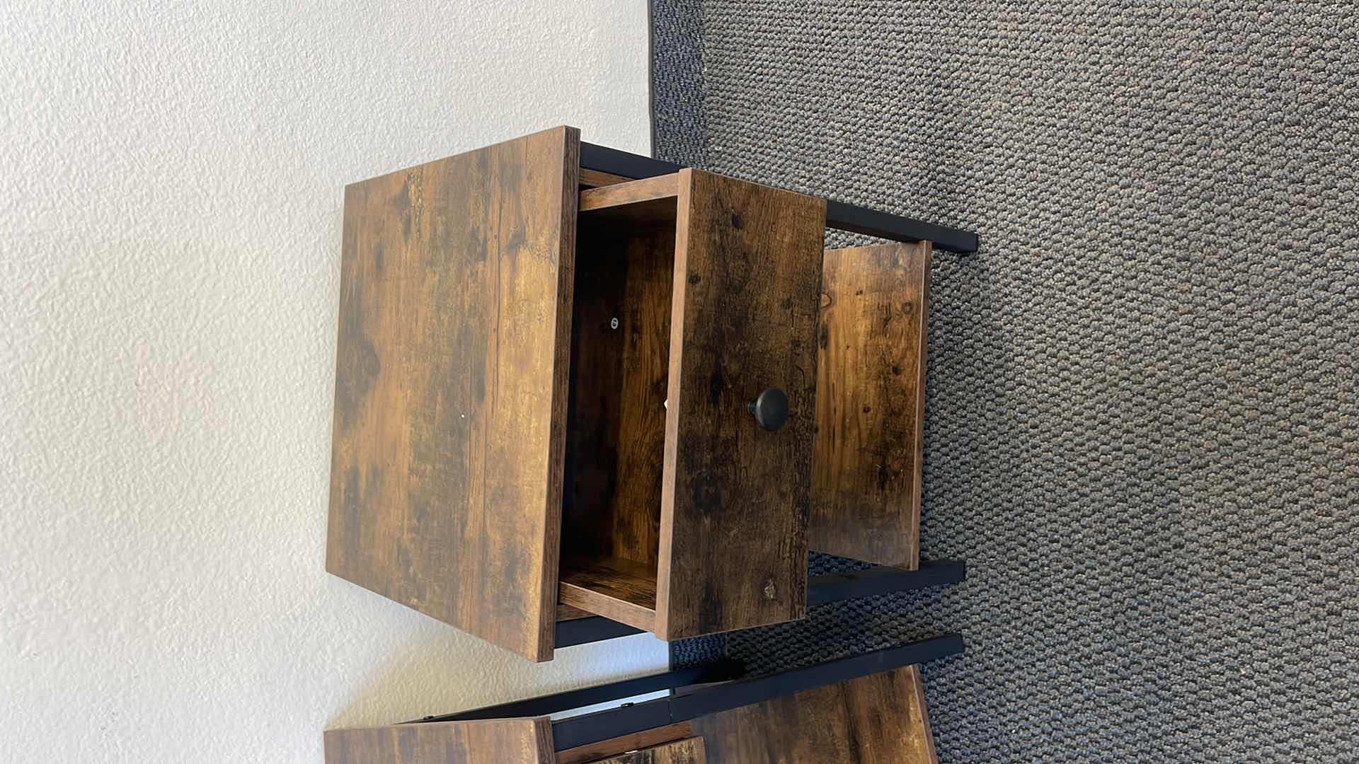 Photo 1 of 2 PC METAL BASE SIDE TABLES W WOOD TOP 16” X 16” H22”