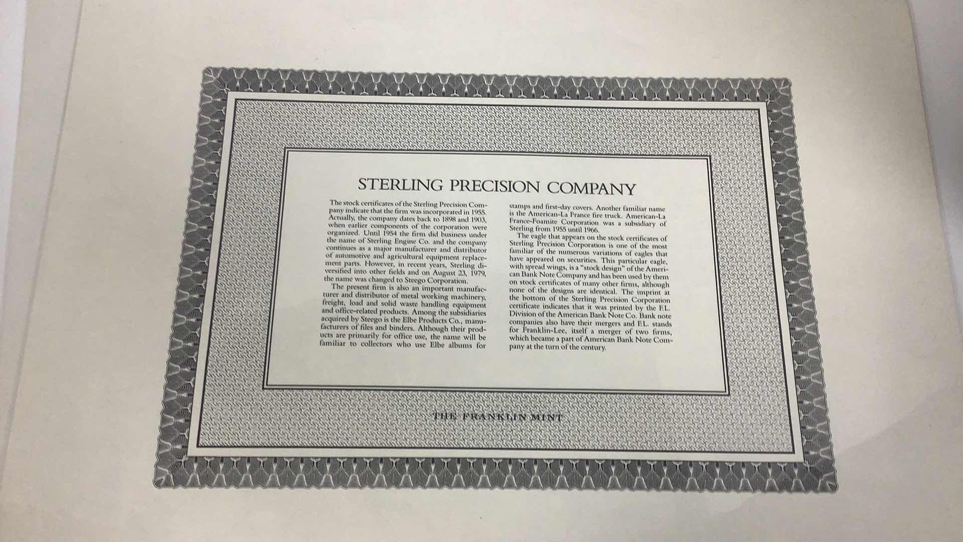 Photo 1 of FRANKLIN MINT, UNITED STATES LINES AND STERLING PRECISION CORPORATION 100 SHARES